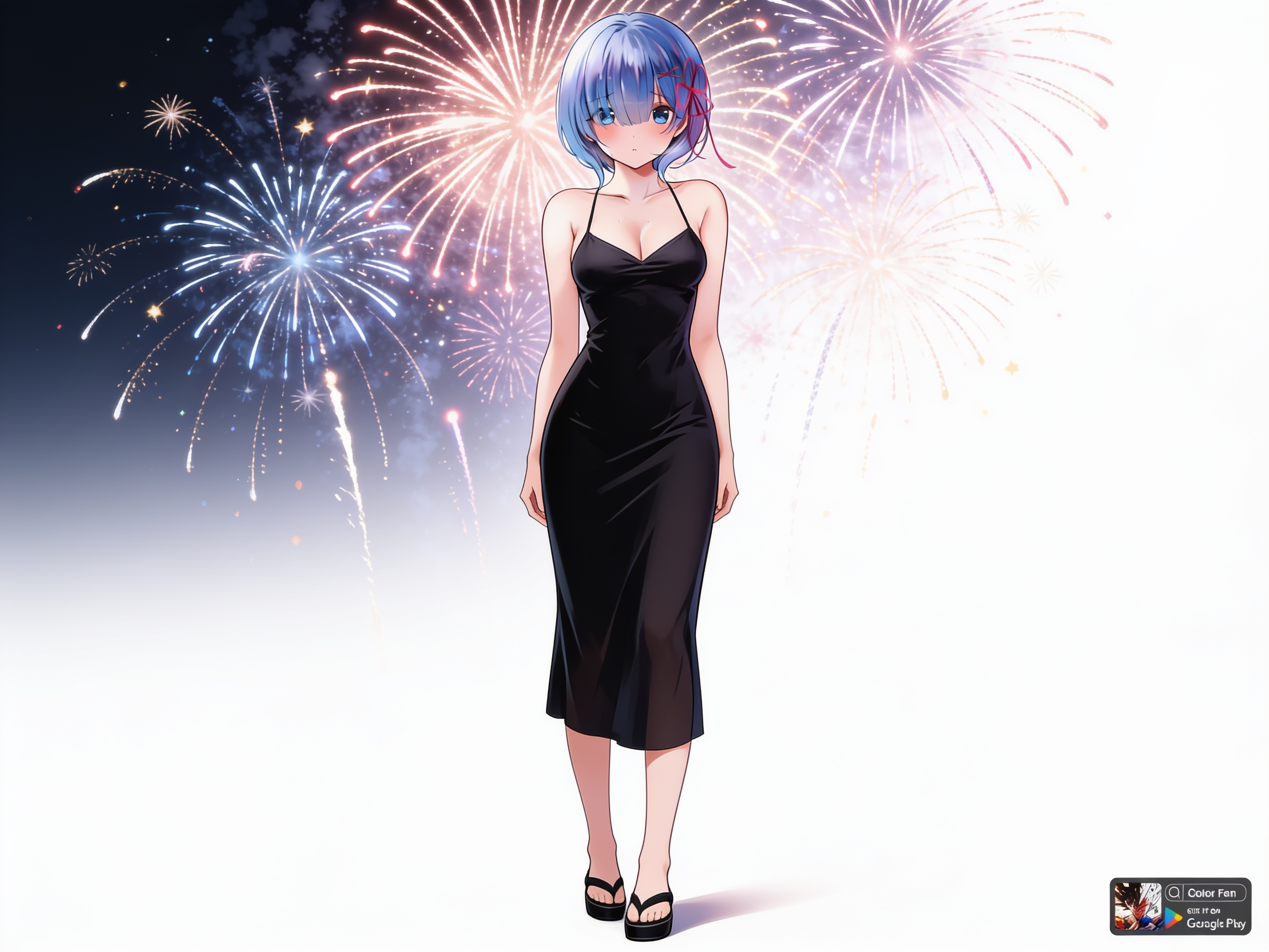 1girl, Rem, thin dress, black dress, black shoes, Japanese shoes, fireworks, Japanese style, mature, slim, short hair, blue eyes, single character, full body, looking at viewer, anime style, simple background, white background, anime style