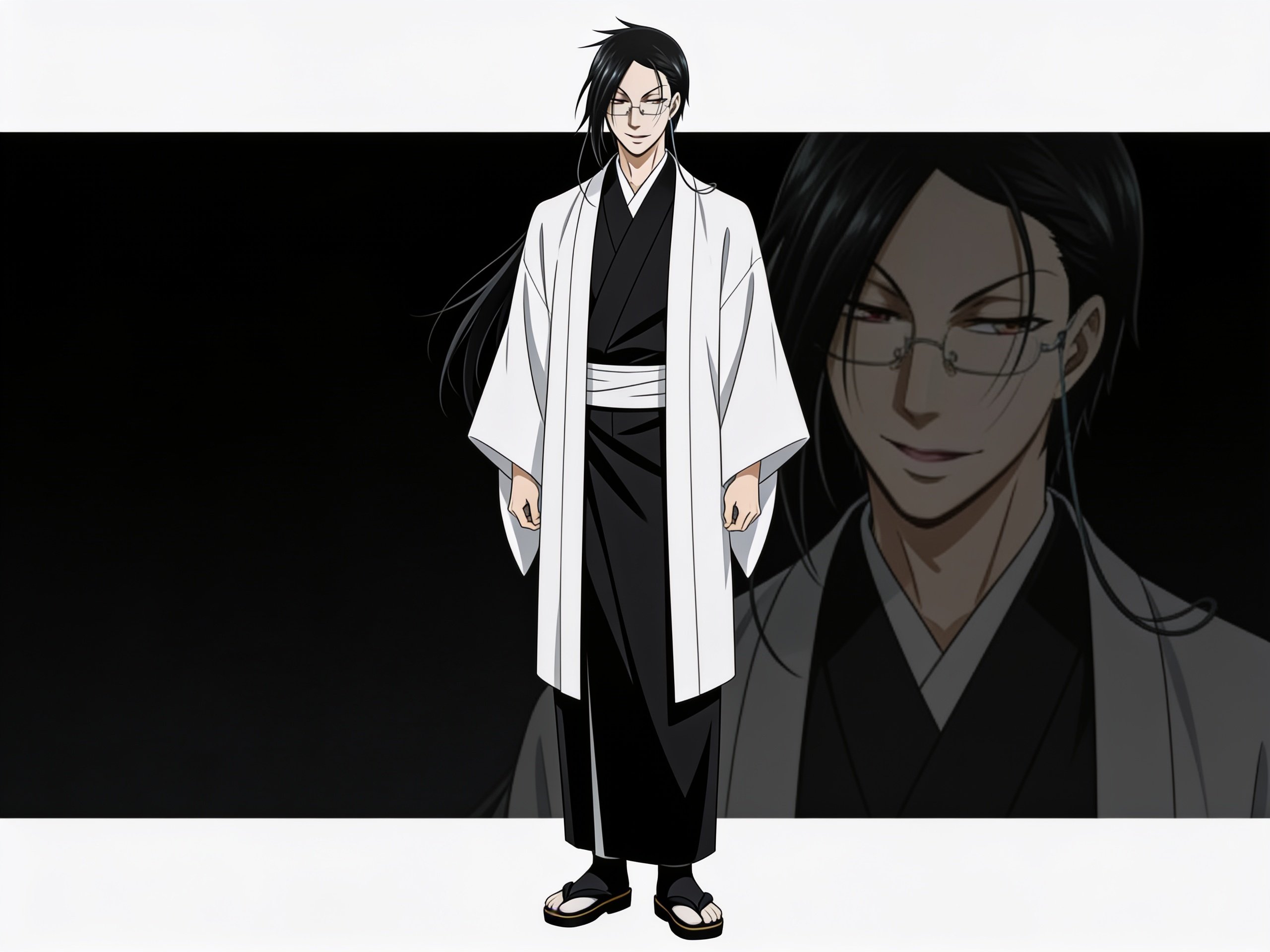 1boy, Sebastian Michaelis, Black Butler, black and white kimono, black japanese shoes, black butler background, single character, full body, looking at viewer, anime style, simple background, anime style