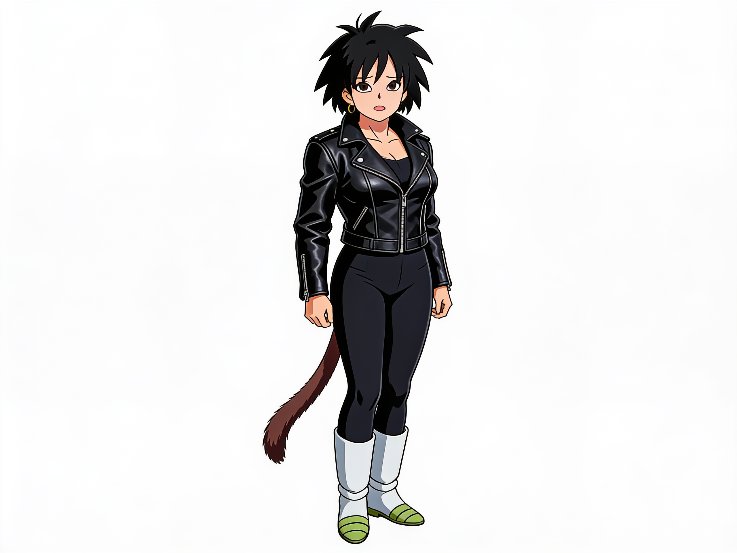 1girl, Gine (Dragon Ball Super), black leather jacket, mature, single character, full body, looking at viewer, anime style, simple background, white background, anime style