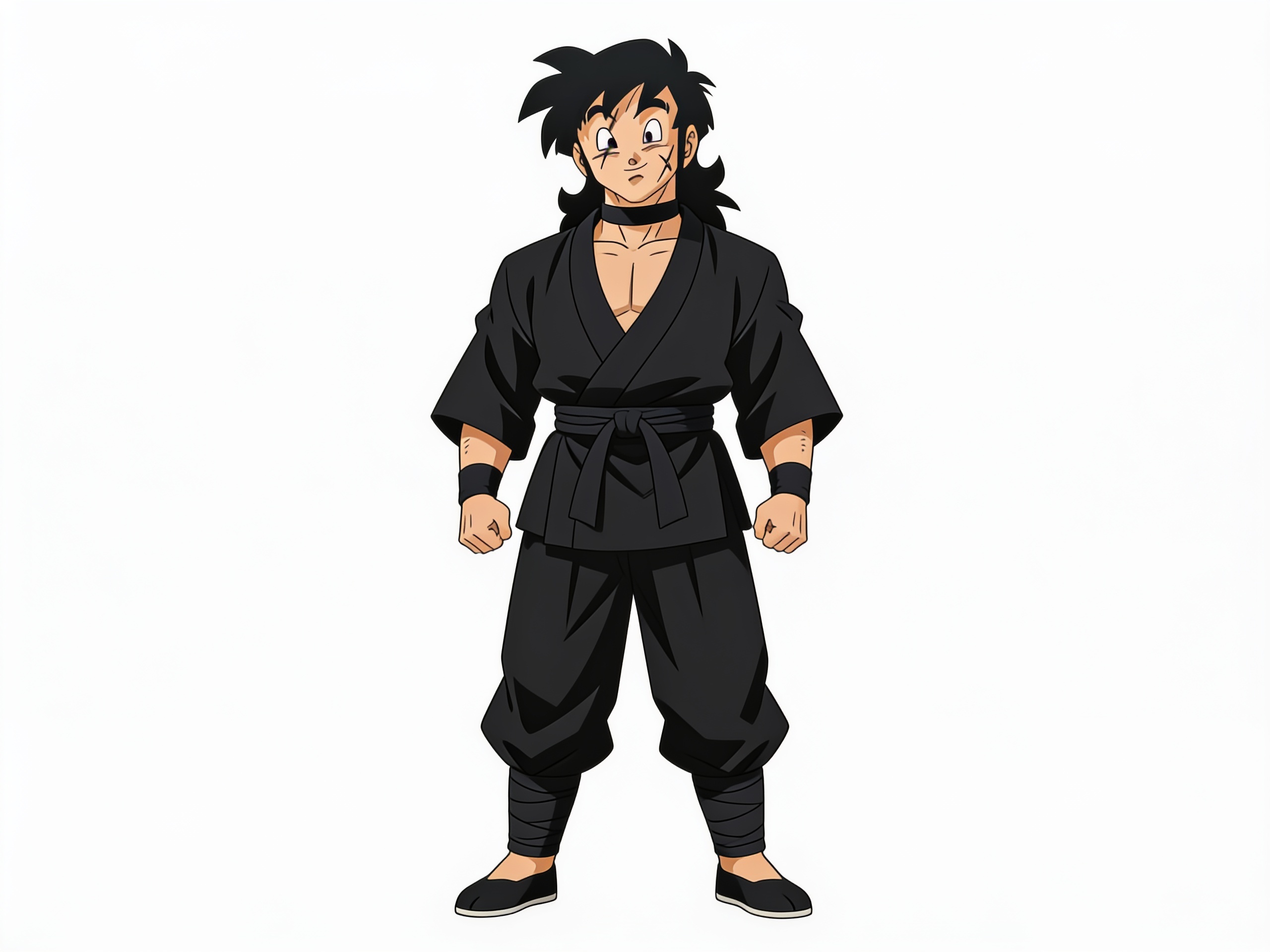 1boy, yamcha (dragon ball), mature, black warrior kimono, black neck choker, single character, full body, looking at viewer, anime style, simple background, white background, anime style