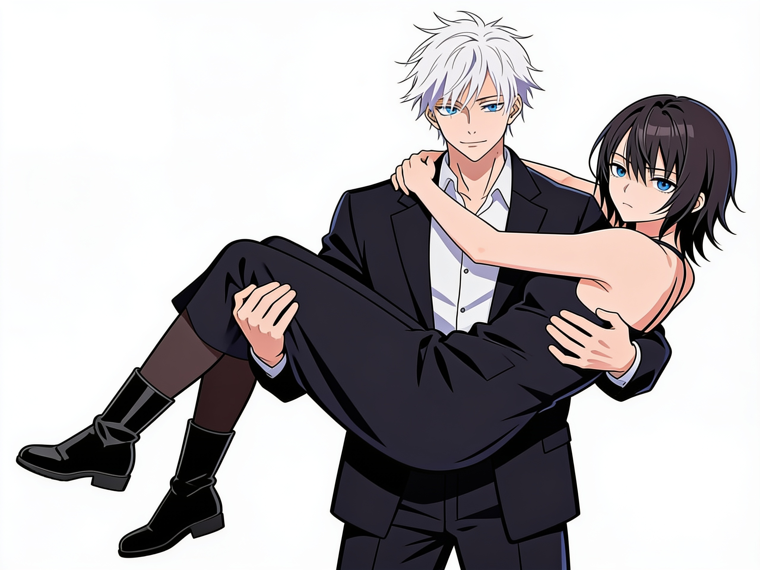 [pop-anime-style]1boy, Satoru Gojo, Jujutsu Kaisen, mature, tall, slim, blue eyes, short hair, bridal carry pose, single character, full body, looking at viewer, anime style, simple background, white background, anime style