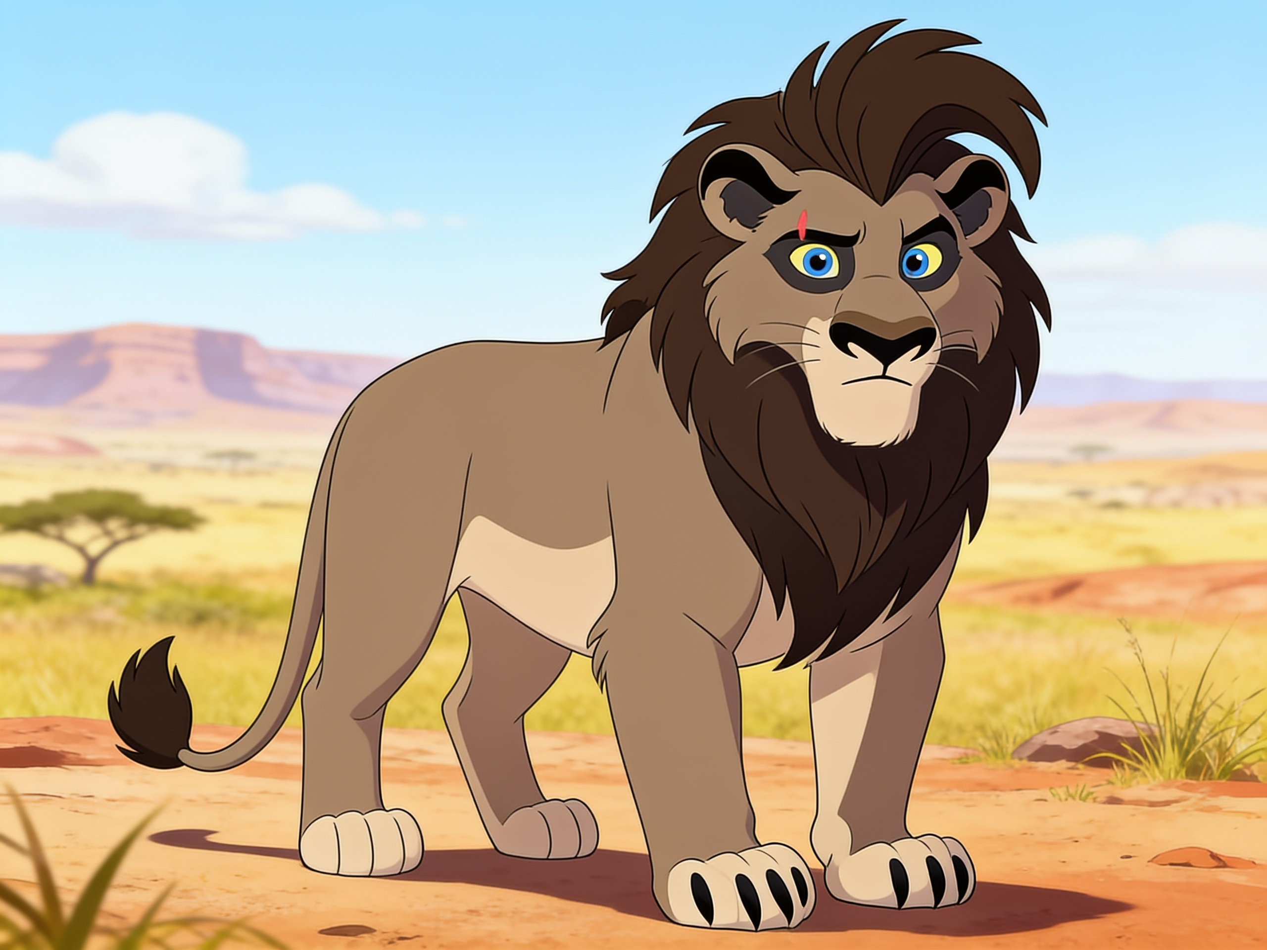 Disney art style, lion, young adult, mature, stoic expression, blue eyes, dark brown mane, fully grown, black claws, scar, left eye, pridelands background, single character, full body, looking at viewer, anime style, anime style