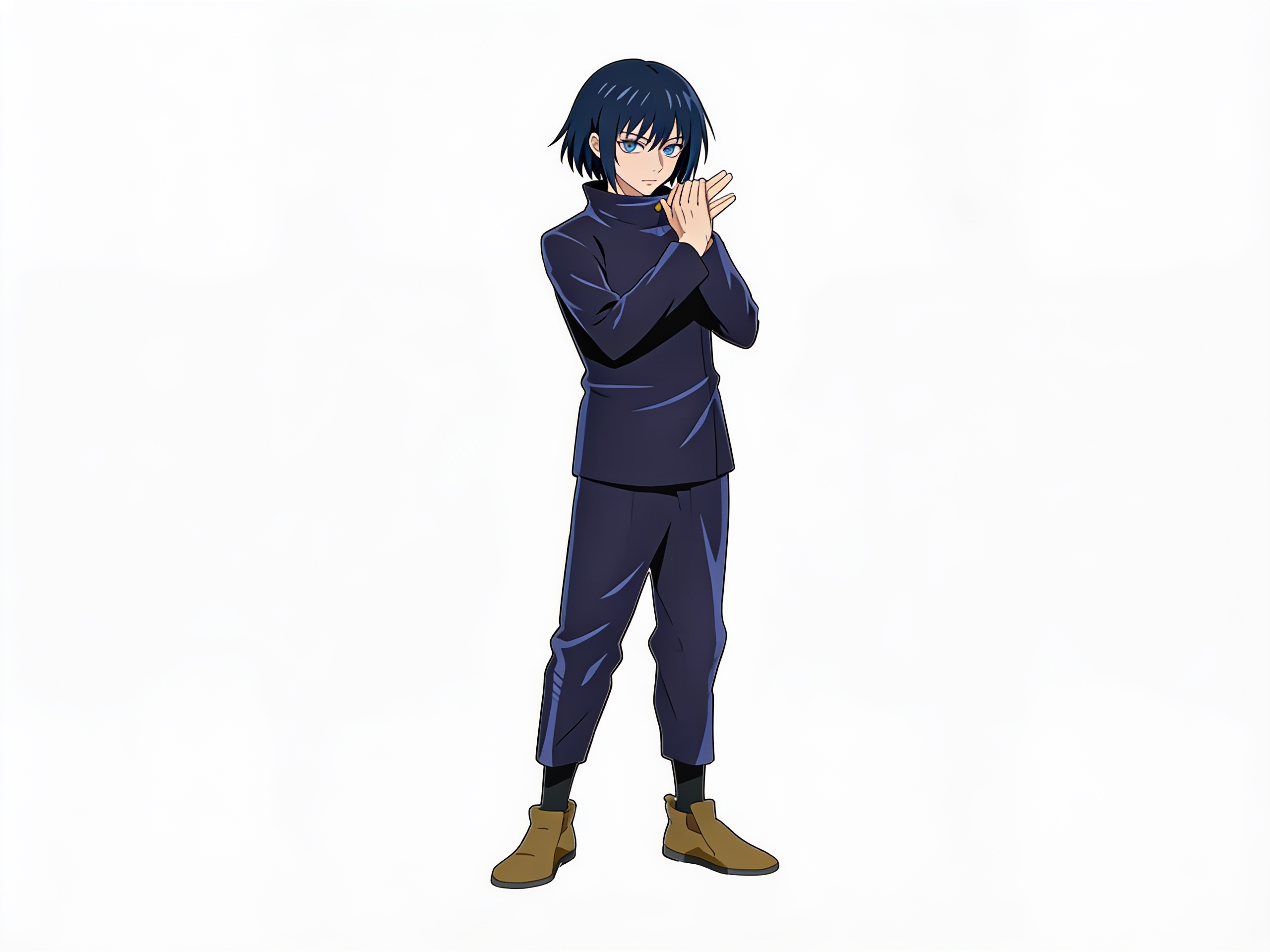 1girl, megumi fushiguro, jujutsu kaisen, genderbend, blue eyes, emo, short hair, single character, full body, looking at viewer, anime style, simple background, white background, anime style