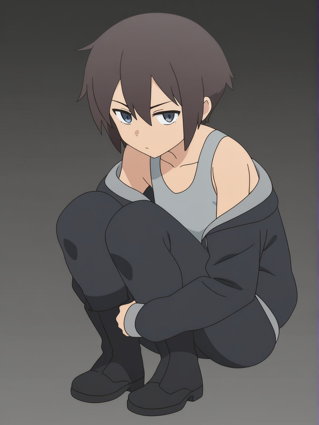 [flat-anime-style]1girl, tomboy, half_demon, half_reaper, dark_brown_hair, emo_hair, hazel_eyes, dark_blue_eyes, dark_grey_tank_top, black_pants, long_black_boots, no_heels, black_jacket, single character, full body, looking at viewer, anime style, simple background, white background