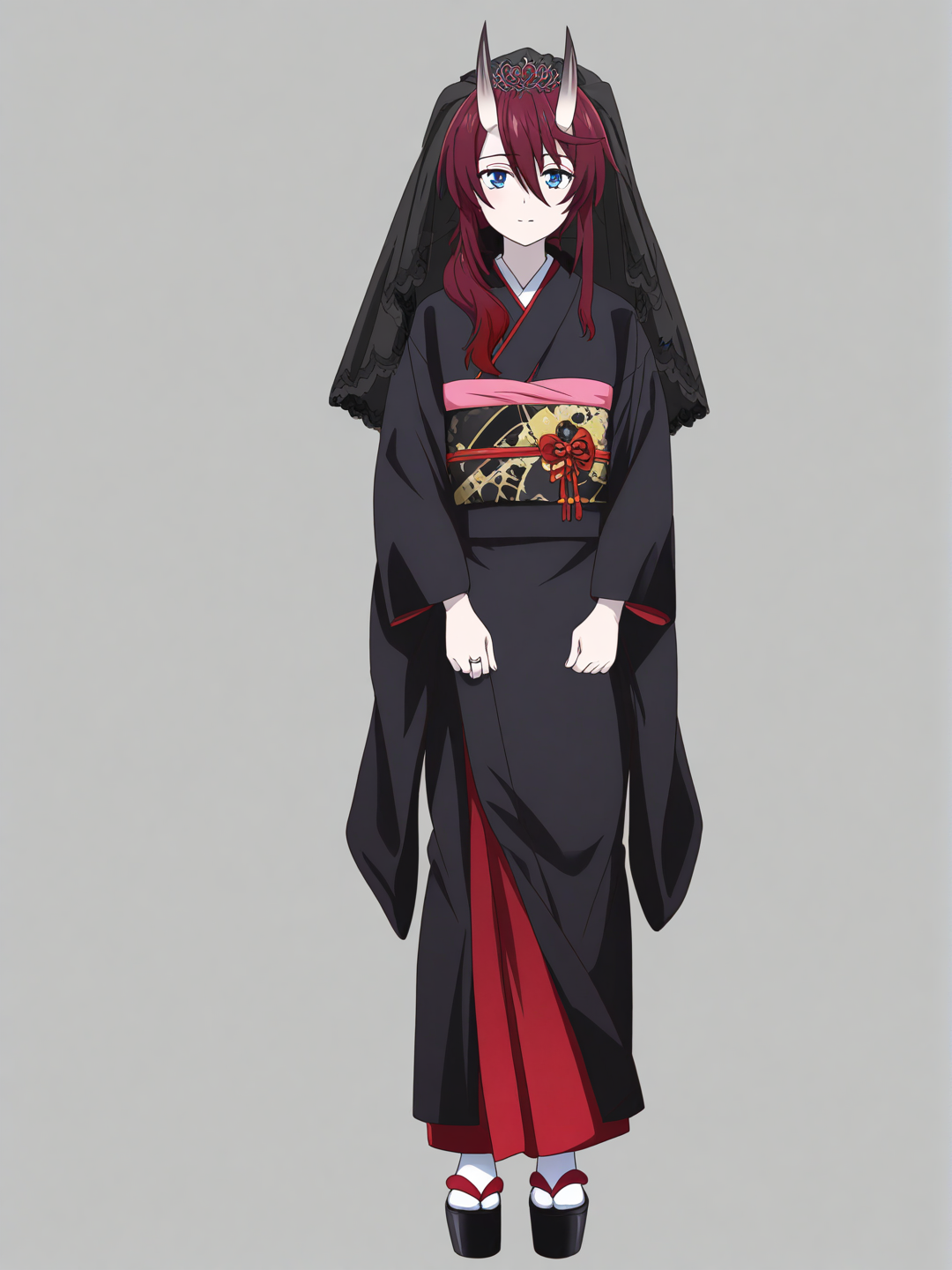 [pop-anime-style]1girl, mature, short, emo, dark red hair, blue eyes, pale skin, stoic expression, long black oni horns, black wedding veil, black japanese wedding kimono, dark grey wedding ring, black japanese shoes, single character, full body, looking at viewer, anime style, simple background, white background
