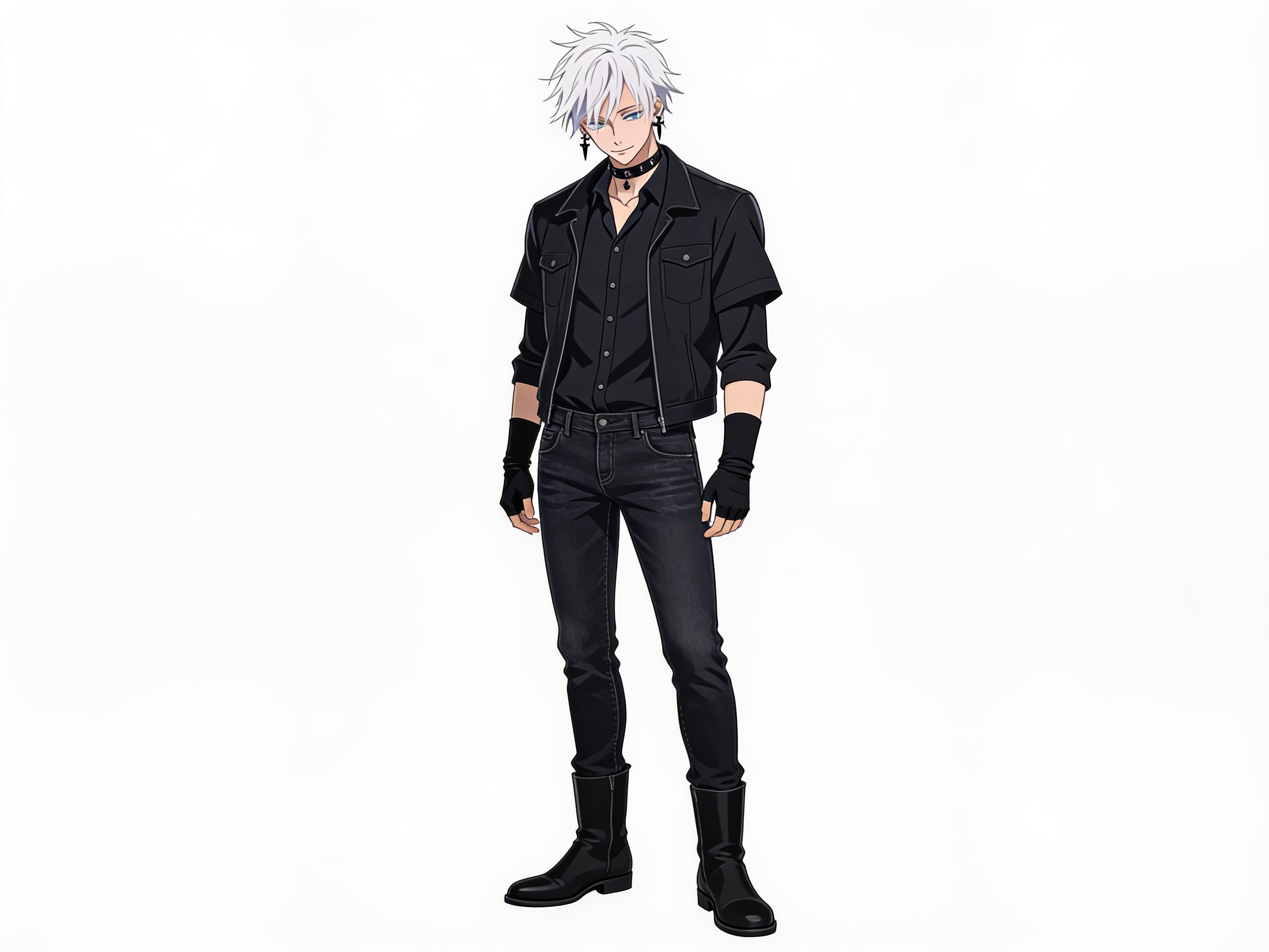 1boy, satoru_gojo, black_button_shirt, long_sleeves, black_jacket, short_sleeves, black_jeans, black_boots, flat_boots, black_fingerless_gloves, black_choker, black_punk_earrings, single_character, full_body, looking_at_viewer, anime_style, simple_background, white_background, anime style