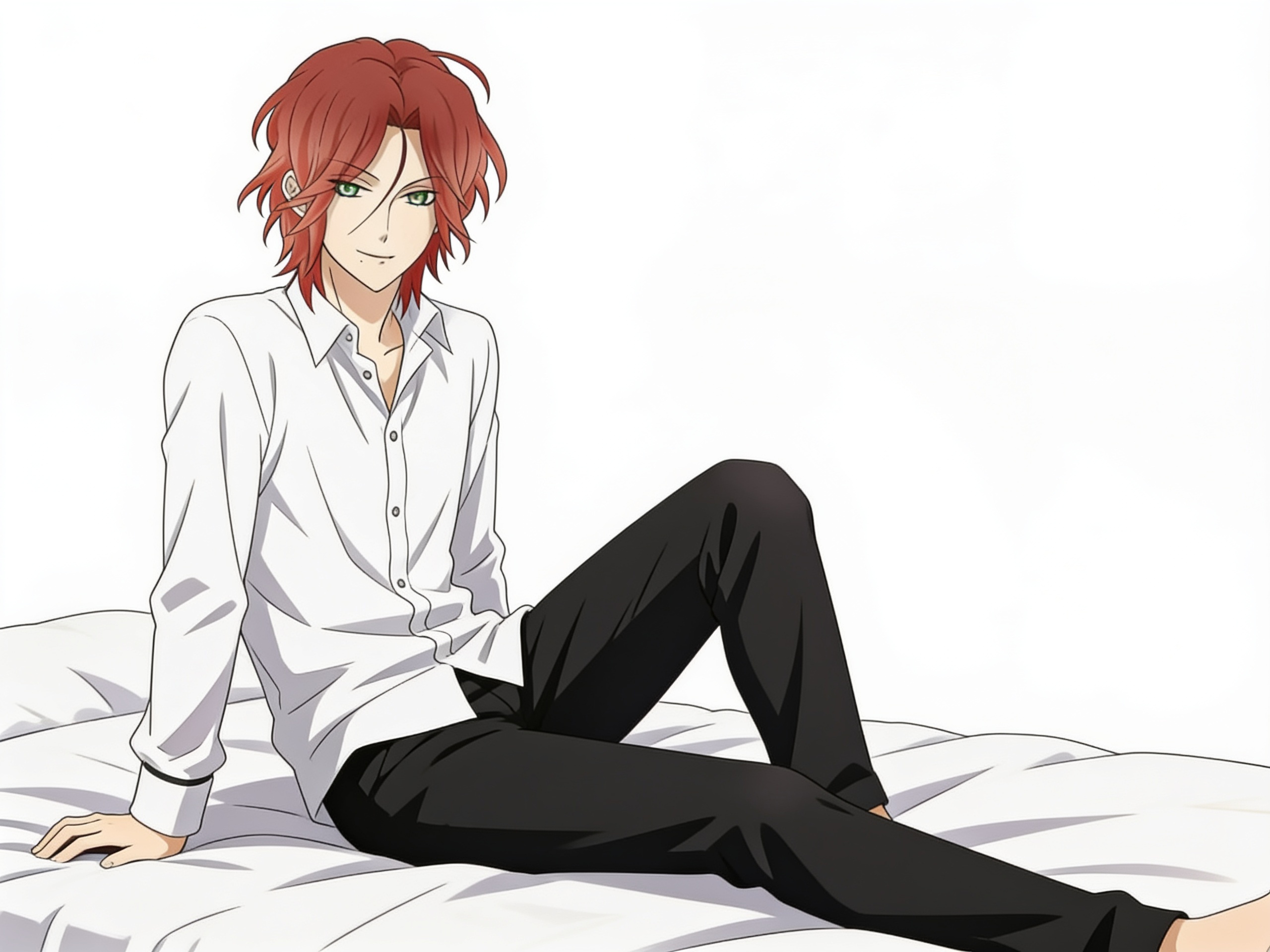 1boy, Laito_Sakamaki, on a bed, white_button_long_sleeve_shirt, black_pants, single character, full body, looking at viewer, anime style, simple background, white background, anime style