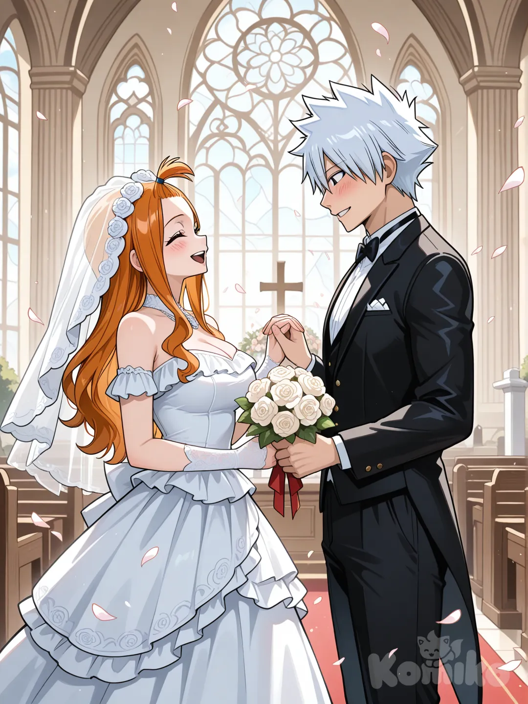 Create an image of Mirajane (from Fairy Tail) x Ichigo (from Bleach) at their weeding