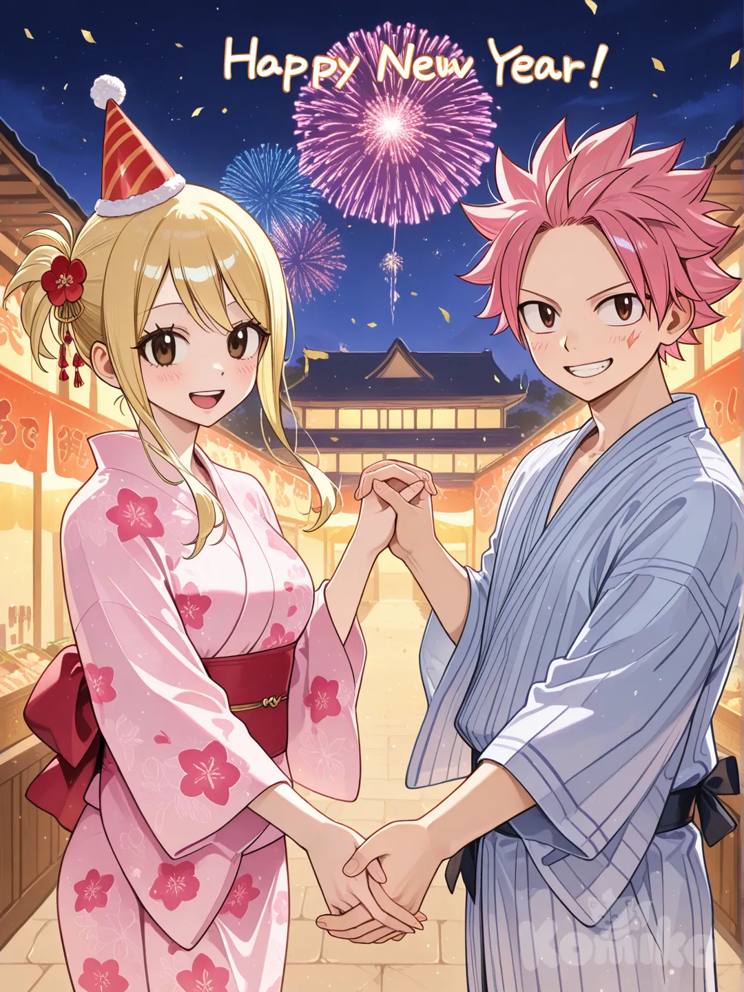 Natsu and Lucy from anime Fairy Tail, celebrating the new year