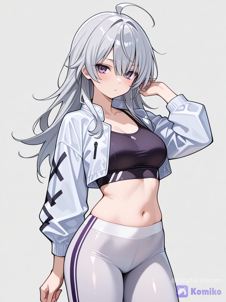 Pictures of Senju Kawaragi in a cropped jacket and tank top in leggings
