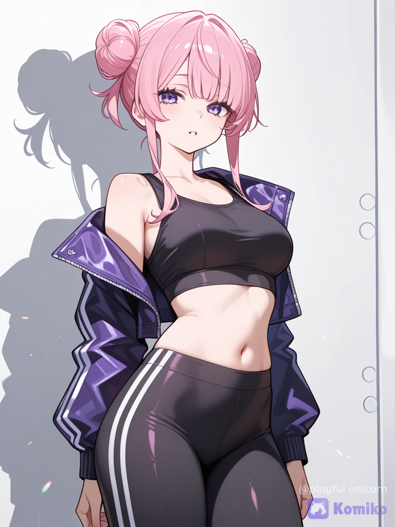 Pictures of Senju Kawaragi in a cropped jacket and tank top in leggings, high bun, pink hair