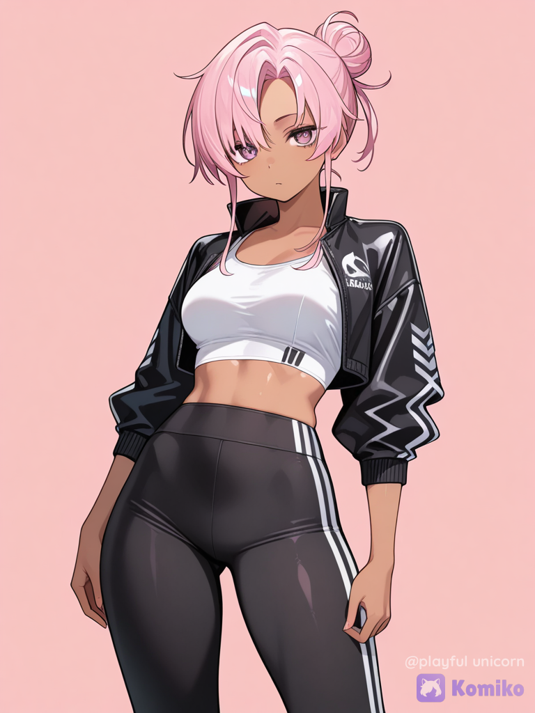Pictures of Senju Kawaragi in a cropped jacket and tank top in leggings, high bun, pink hair, dark tan