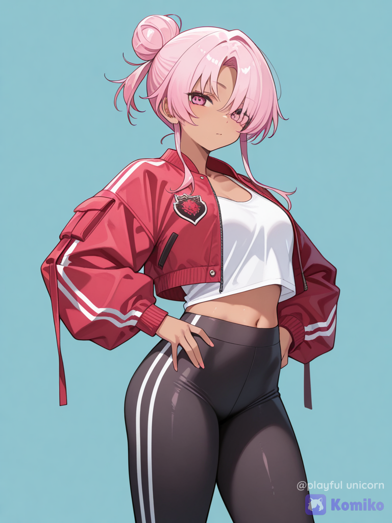 Pictures of Senju Kawaragi in a cropped jacket and tank top in leggings, high bun, pink hair, dark tan