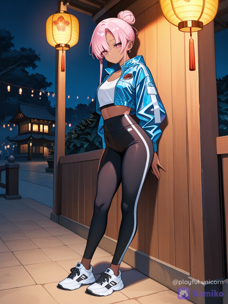 Pictures of Senju Kawaragi in a cropped jacket and tank top in leggings, high bun, pink hair, dark tan, leaning against wall, full body, lantern festival