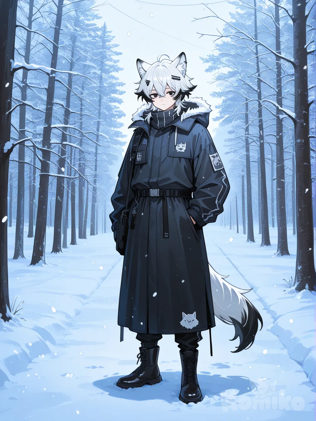 Lelaki,Rambut putih,telinga fenrir,mata hitam,ekor fenrir, background snow,outfit kostum fenrir