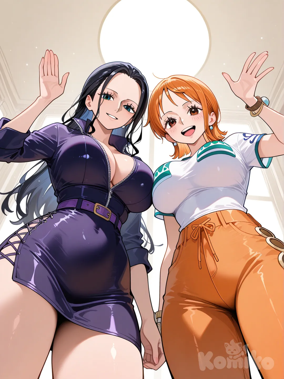 from below, bohemian shirt, waving, Nami (One_Piece), Nico_Robin