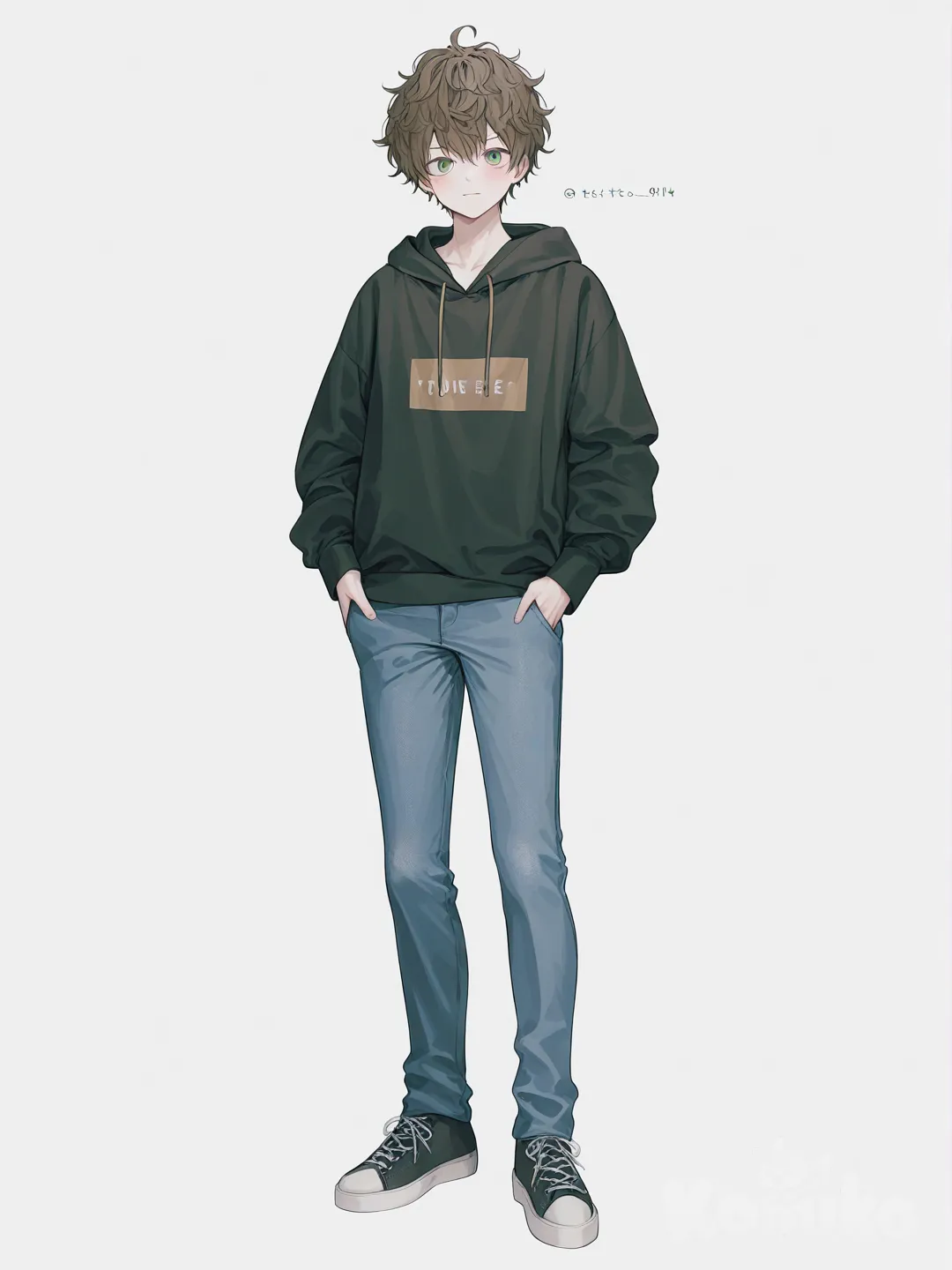 [soft-pastel-style] 1boy, one piece style, teenager, muscular, curly hair, brown hair, short hair, green eyes, hoodie, jeans, single character, full body, looking at viewer, simple background, white background