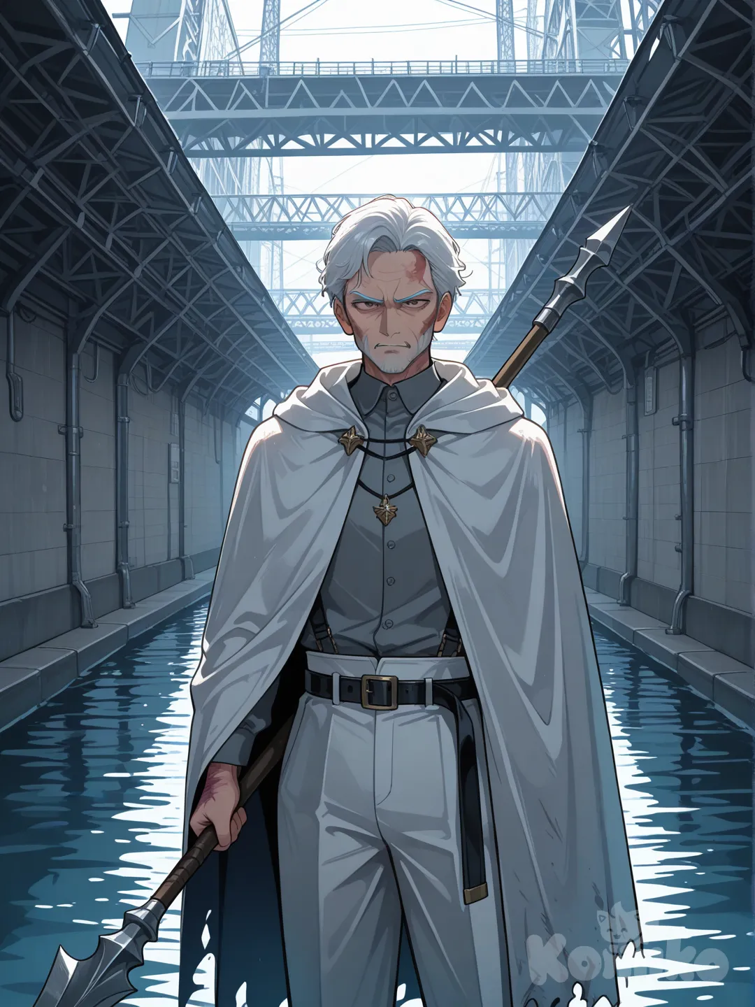 Một người đàn ông già khoảng 70 tuổi vẻ mặt nghiêm túc khi trải qua hàng trăm trận chiến trong nghìn năm,bị cháy nữa mặc mặc một cái áo choàng trắng áo trong là áo xám quần vãi trắng,cầm một cây giáo đang đứng trên một cái đặp thủy điện