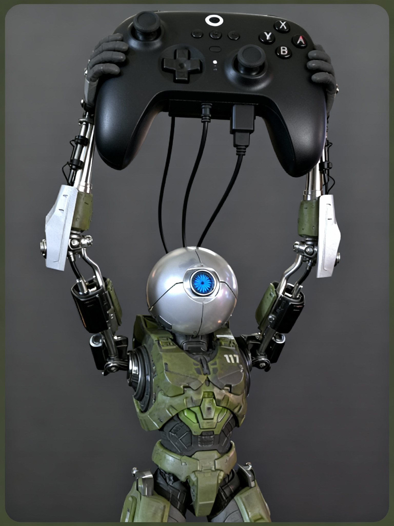 crea una imagen del robot atlas del juego portal 2, cargando un control de videojuegos gigante en sus brazos extendidos para usar como soporte para cargar el control de videojuegos