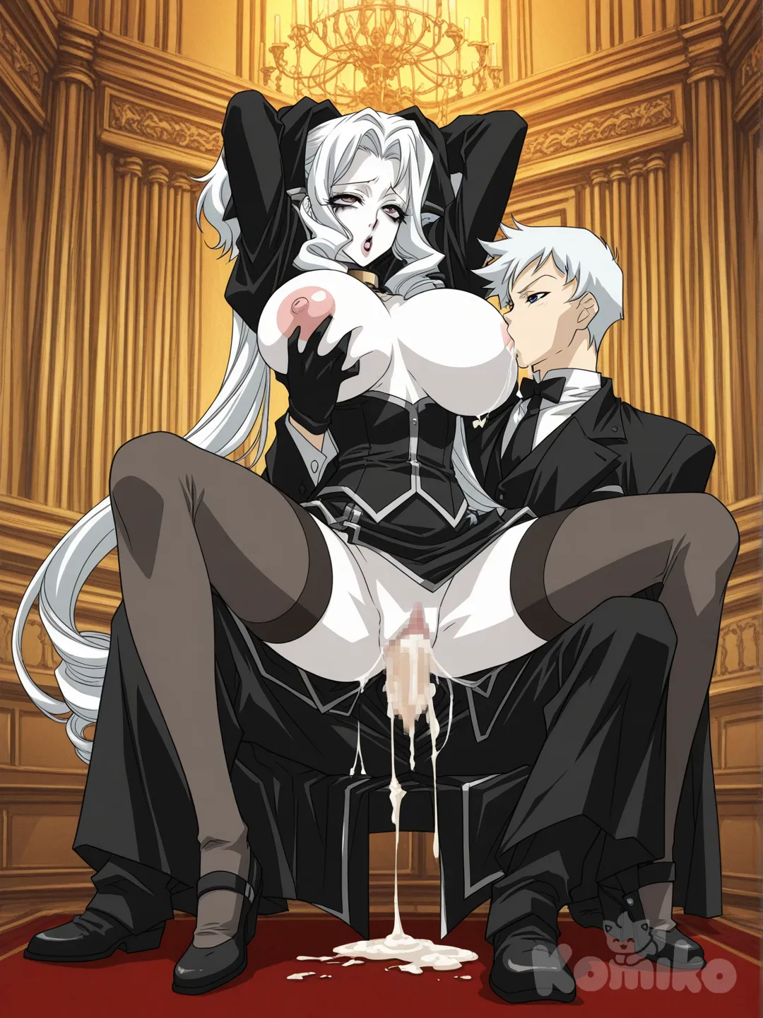 Hentai, Beautiful whit hair in pig tails ,breasts bigger than torso, very big breasts ,voluptuous figure, reverse cowgirl sex. Arms back of head, eyes rolling to the back of the head, face in intense pleasure, having an orgasm, cum dripping, puckered lips, black thigh highs, breasts bouncing, Intercourse. Big areoles, black gloves, Butler suit, very , insertion penis, humping, bigger breasts. Pale solid white skin, beautiful Gothic make up face. Cuming hard. Grabbing breasts, breast sucking, full body, test saying feel so good, front view., [retro-anime-style]