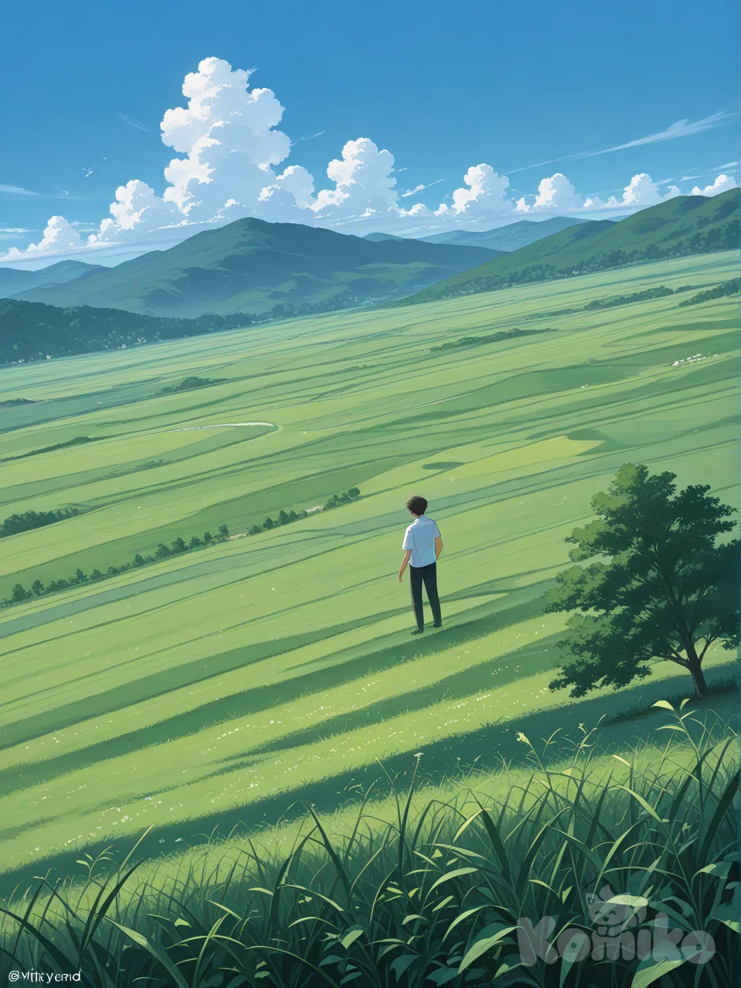 Paisaje verdoso soleado , 1boy