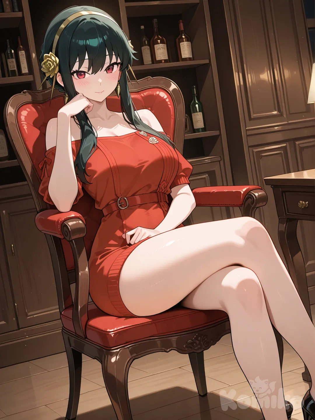 sitting on a chair with legs crossed, @Yor_Briar