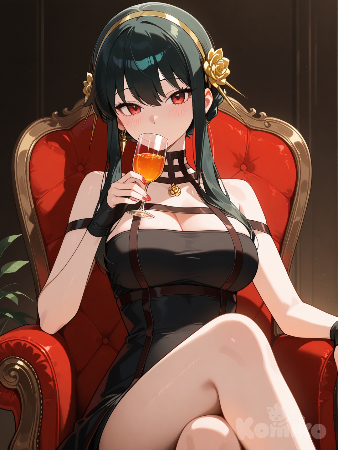 Sitting on a chair with legs crossed, holding a glass of water and drinking, @Yor_Briar