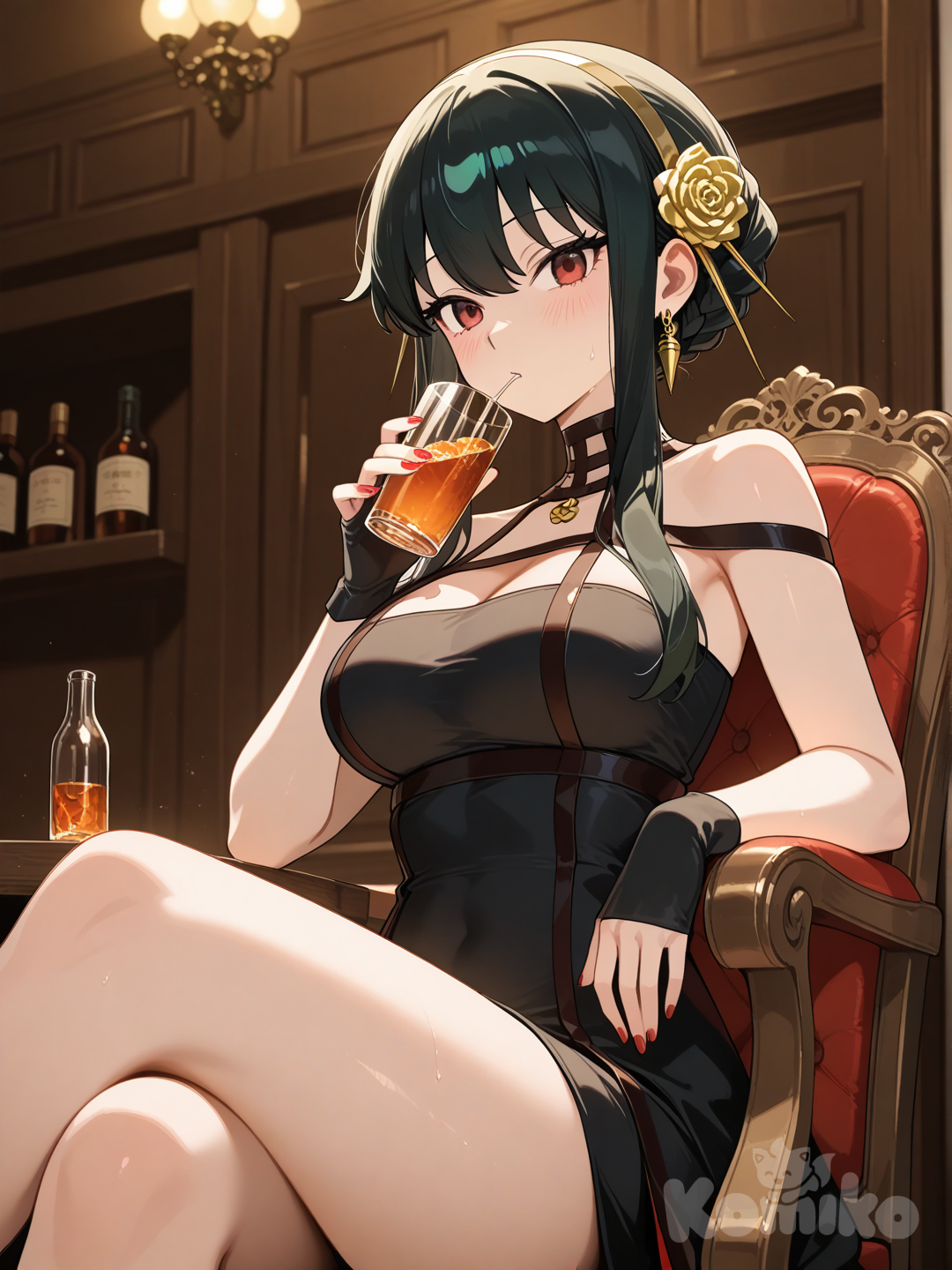 Sitting on a chair with legs crossed, holding a glass of water and drinking, @Yor_Briar