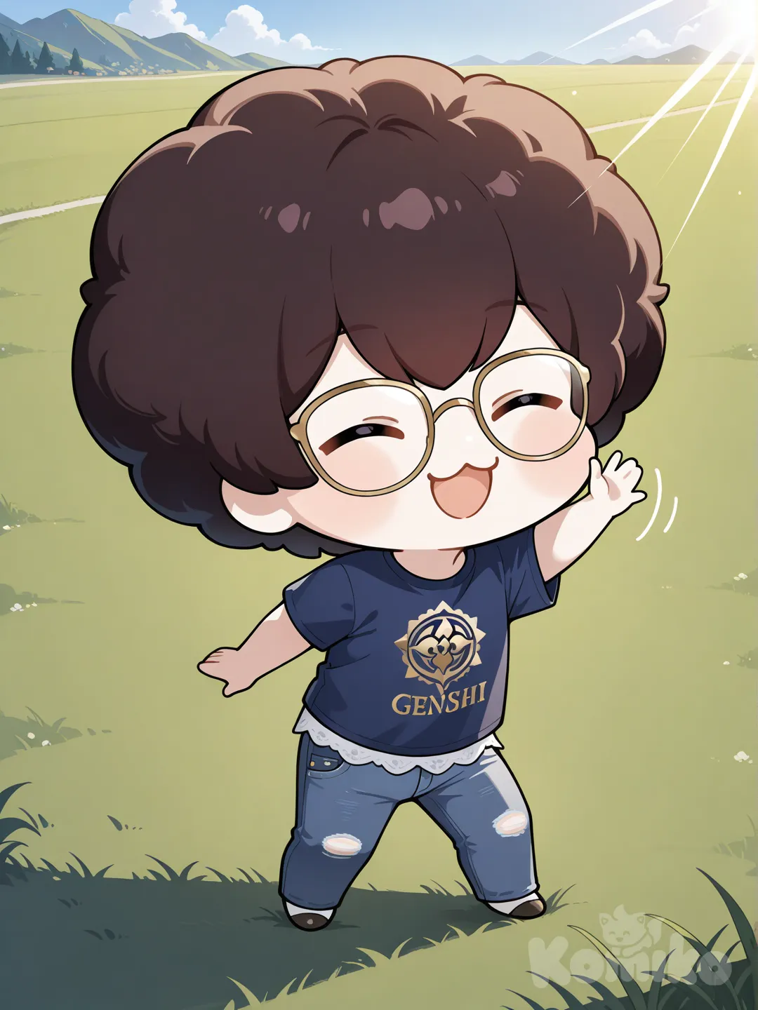 @Aether_(Genshin_Impact), [doro-style], waving, singing, t-shirt, jeans, lace, glasses, afro, navy blue, field