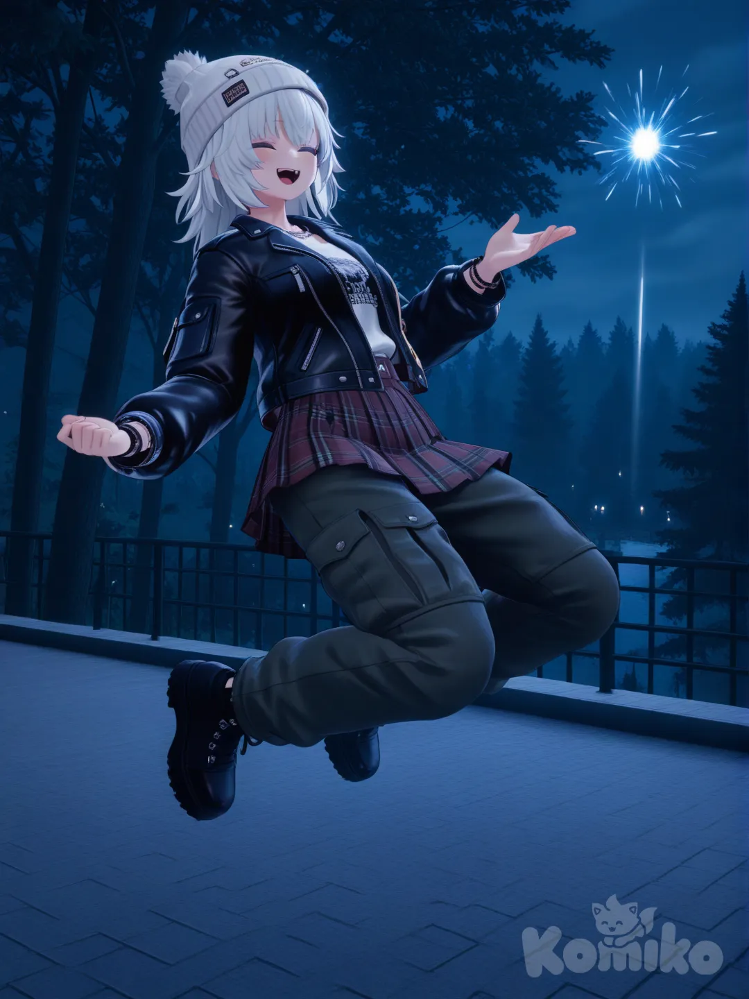 @Tomioka_Giyuu, [3d-anime-style], jumping from rooftop, laughing, punk leather jacket, pleated skirt, cargo pants, sherpa, beanie, man bun, ivory white, full body, day, forest