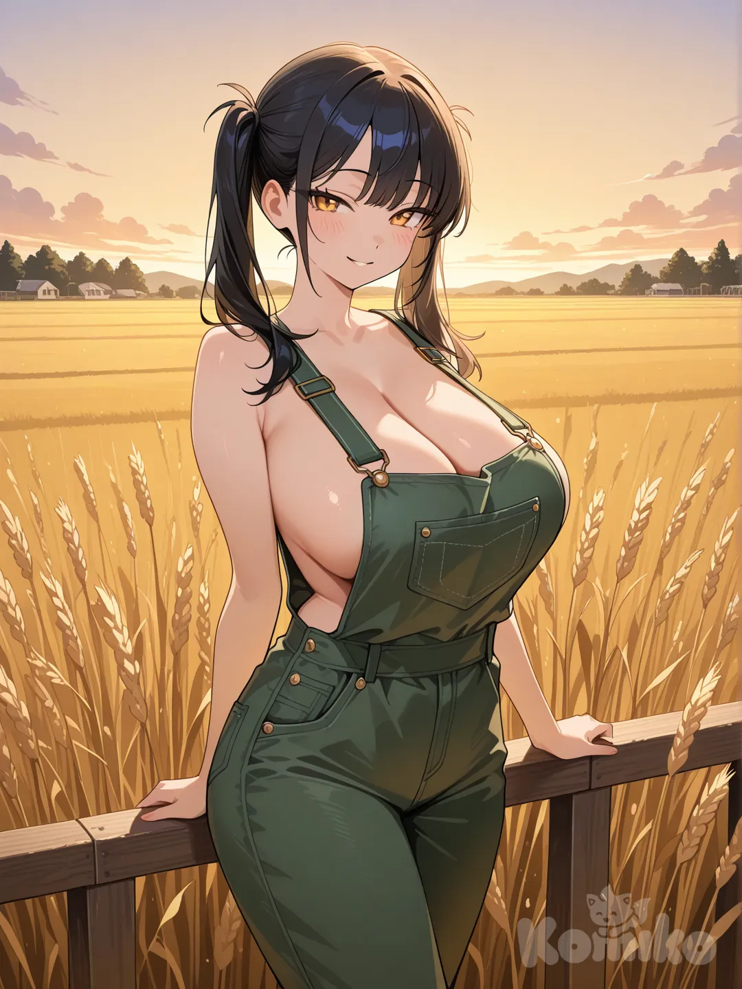 Une fermière animé, salopette verte, twin tails, charcoal black, full body, des gros poitrines, sexy, au milieu d'un champ de blé, HD