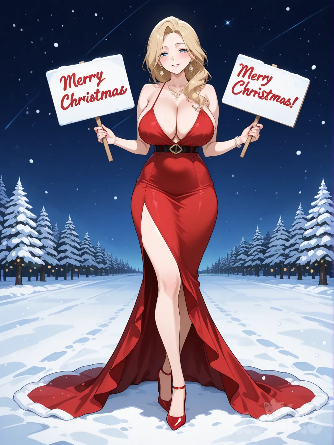 une milf animée, cheveux blond, une petite robe rouge sexy, Noël, full body, holding sign Merry Christmas
