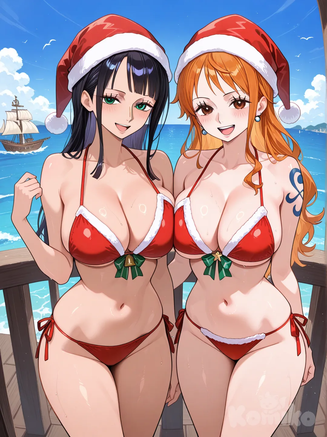2girls, @Nami_(One_Piece), @Nico_Robin, sur un bateau de pirate, vêtements de Noël, sexy belle charmante séduisante, singing
