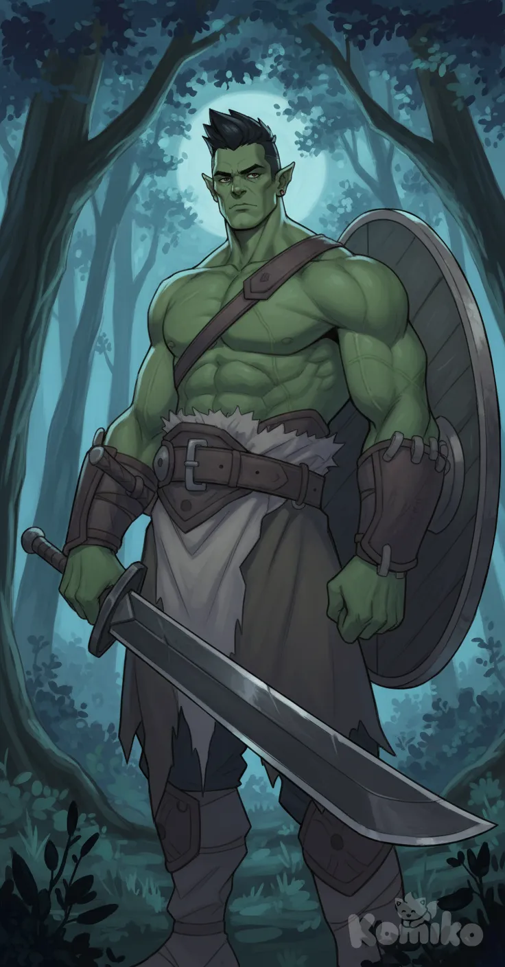 Orc mc, 1boy, oil painting (medium), acrylic paint (medium), Genshin Impact, soft shadow, thick outline, holding sword, expressionless, portrait, from below, night, forest, mohawk