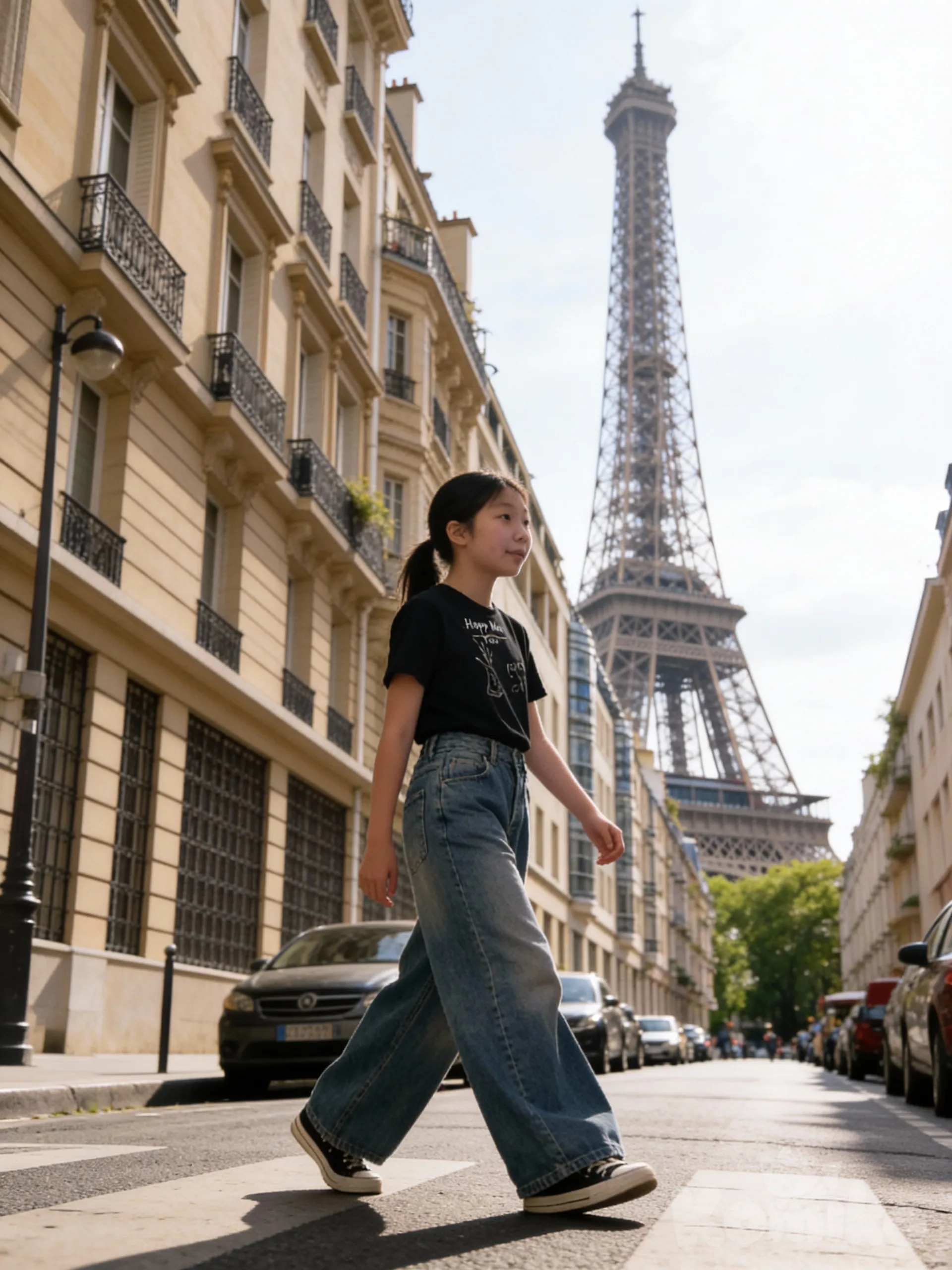 13 лет в Париже с оверсайз джинсы и черная футболка