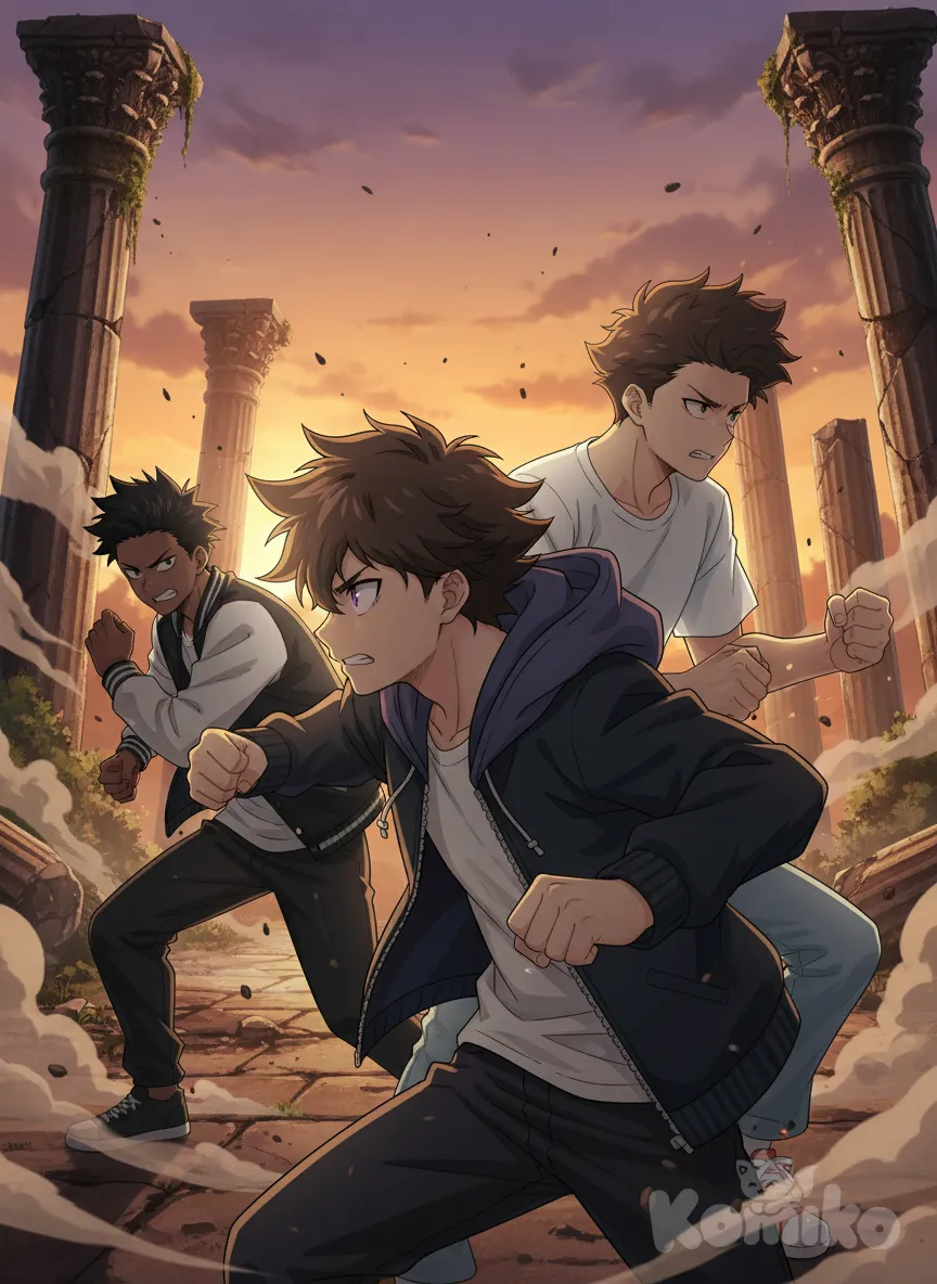 Anime screencap featuring <aidan-kuroki-hCb4>, <kaito-hirose-AEkf>, and <masaru-nakamura-p6JF>, showing closeup of upper body in side profile as they frown, captured mid-action in a dynamic fighting stance amidst ancient ruins., anime style