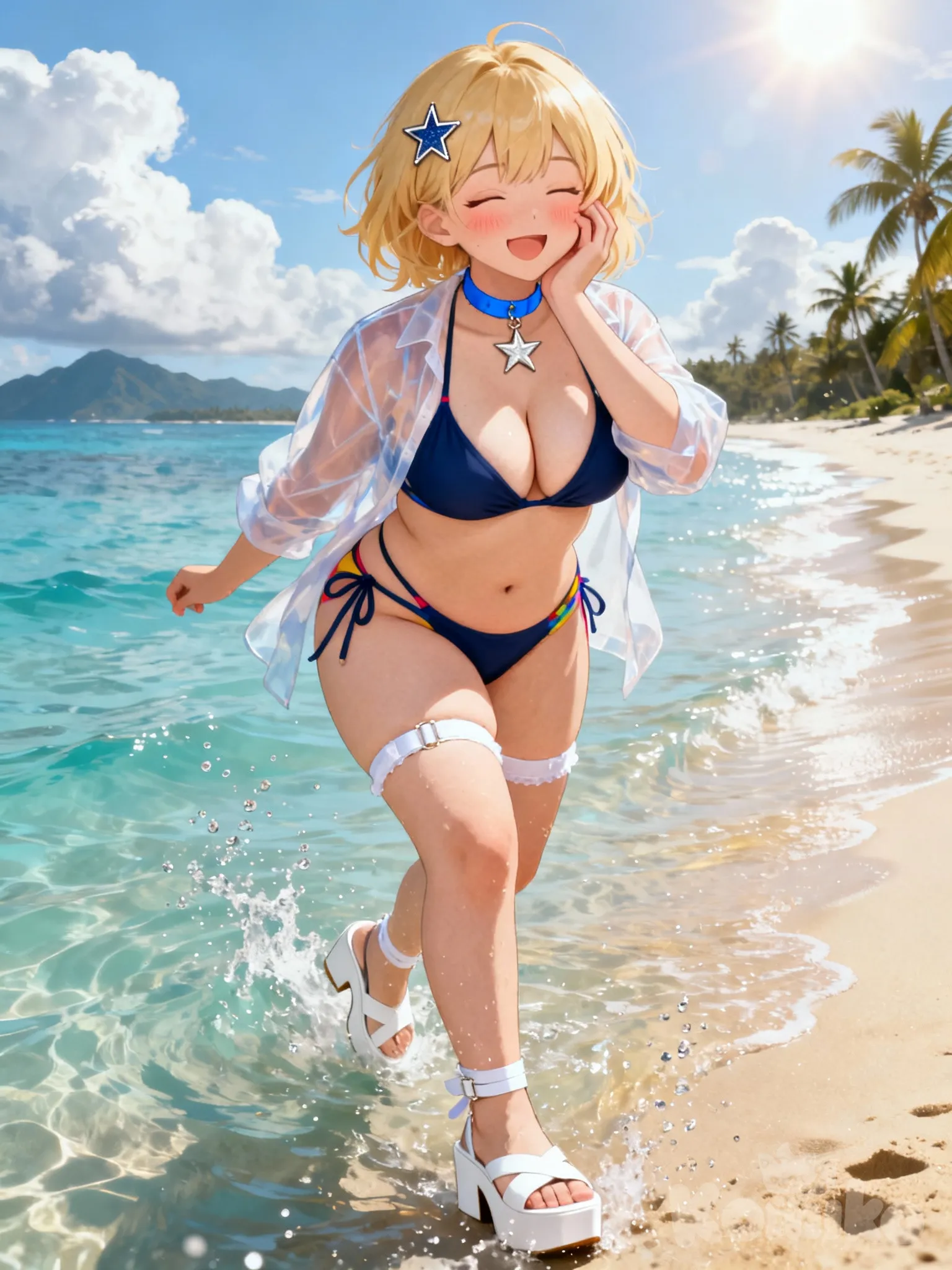 1000083310, 1girl, smile, closed eyes, star hair ornament, see-through shirt, large breasts, full body, light blush, ocean, beach, sand, shallow water, splashing, playing in the water, water droplets, sun, outdoors, clouds, blonde hair, navy blue bikini, blue choker, star necklace, side-tie bikini bottom, multi-strapped bikini bottom, hand by face, thick thighs, white legwear garter, tropical island tropical beach, mountainous horizon, palm tree, white platform sandals