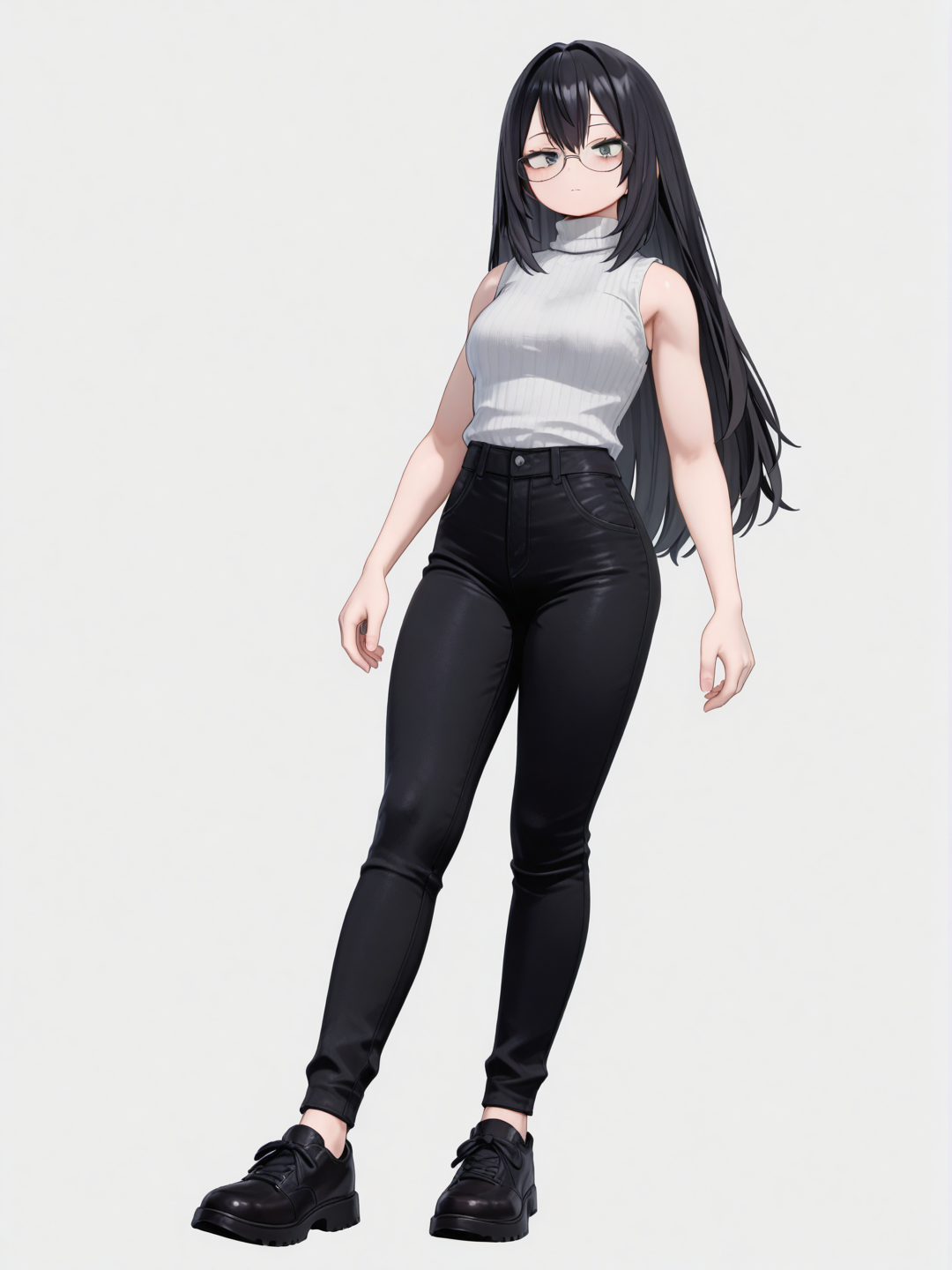 [3d-anime-style] 1girl, my_hero_academia_(style), teenager, tall, straight_hair, long_hair, black_hair, grey_eyes, fair_skin, glasses, white_sleeveless_turtleneck, black_pants, single character, full body, looking at viewer, simple background, white background