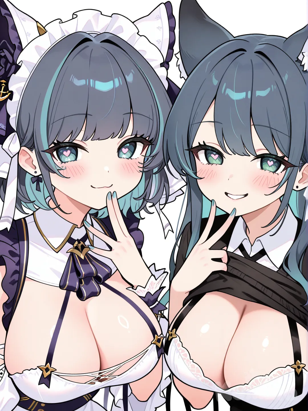 shirt lift, leaning forward, undressing, hand on own chest, large breasts, heart-shaped pupils, seductive smile, hand_to_mouth, @Kurokawa_Akane, [glossy-anime-style], @Cheshire_(Azur_Lane)