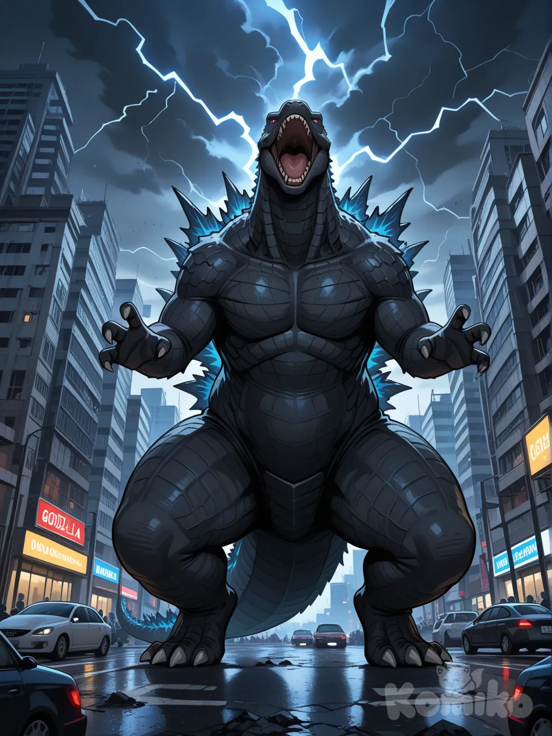 Godzilla emerge majestuosamente de entre los rascacielos de una ciudad moderna, destruyendo edificios con su rugido ensordecedor mientras las calles se llenan de autos abandonados y multitudes huyendo en pánico bajo un cielo tormentoso.