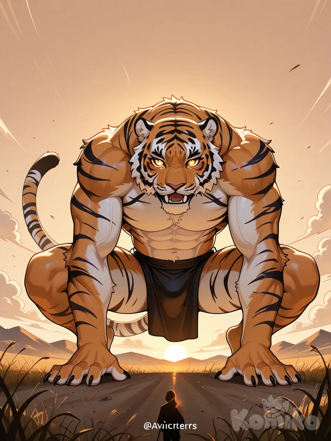 un tigre imponente en la sabana africanana apunto de cazar su presa