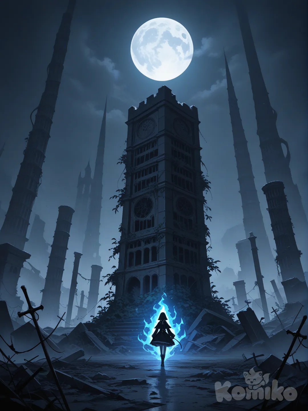 Un antiguo lugar gótico en ruinas, con arcos derruidos cubiertos de hiedra