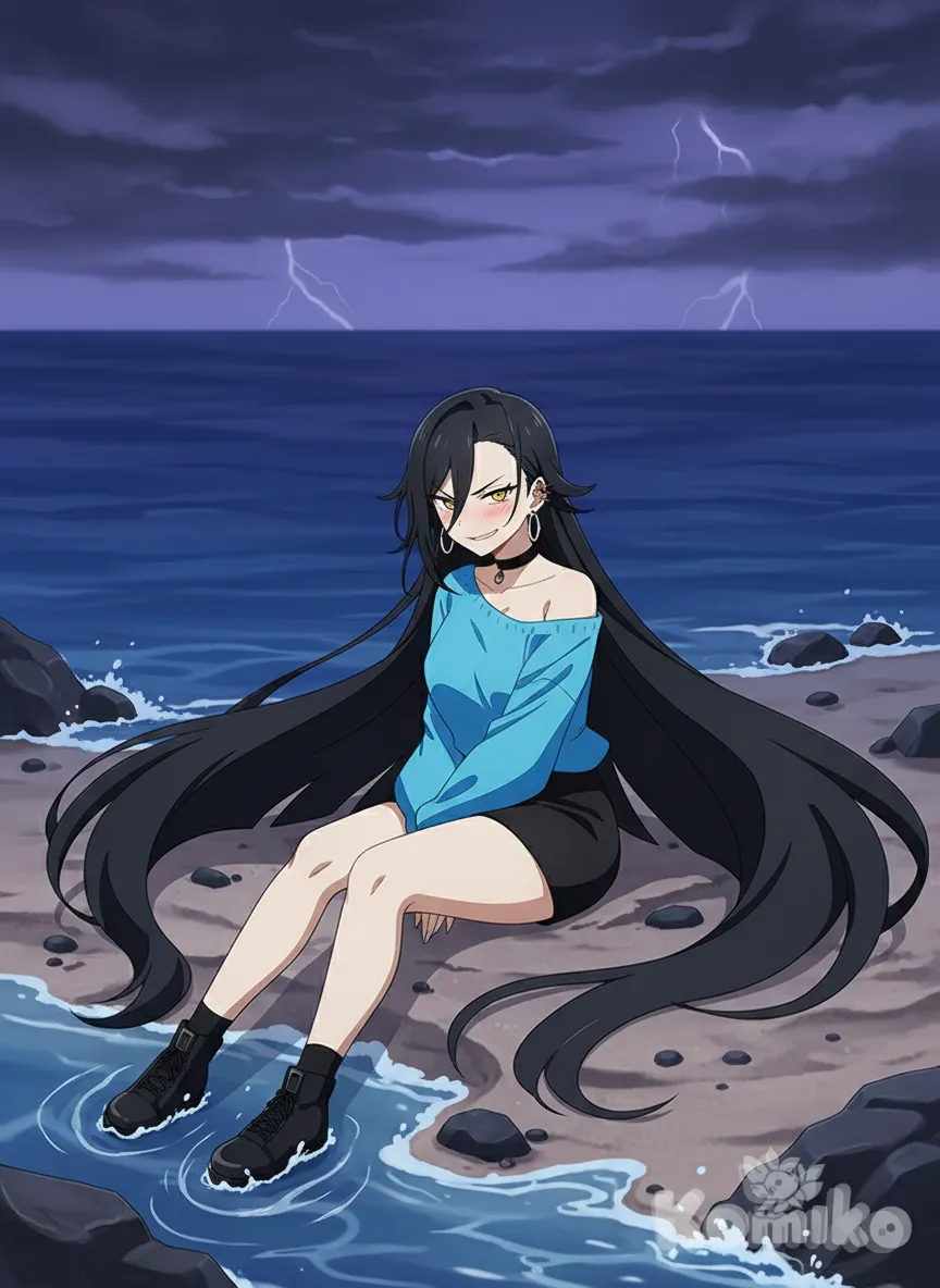 anime girl, anime art, graphite (medium), anime coloring, evil , evil smile, smirk, blush, full body, ocean, sitting on the ground, <hora-chi-rJTd>