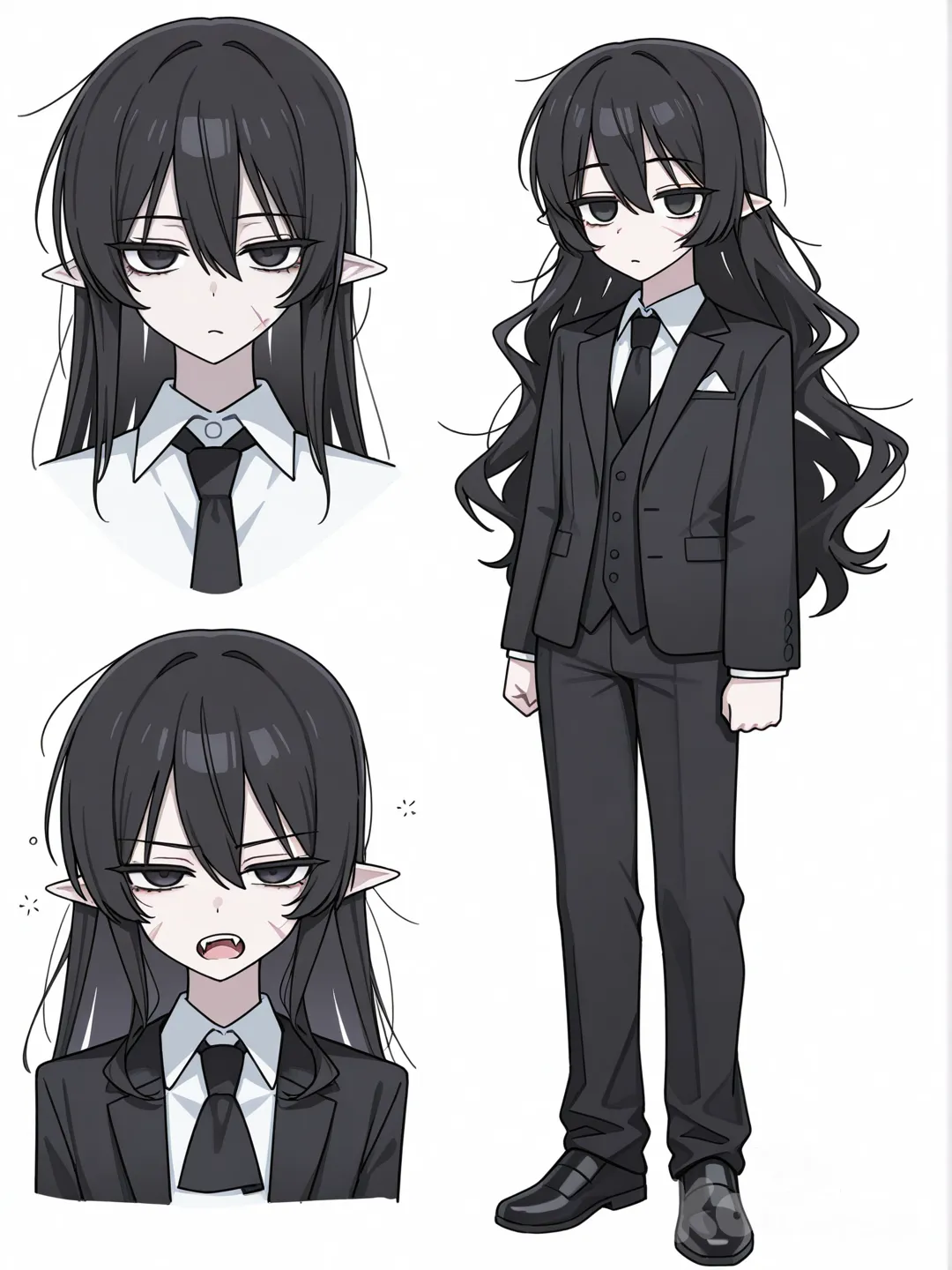 [toon-shaded-style] 1girl, vampire, teenager, tall, thin, black hair, long hair, wavy hair, black eyes, scars on cheeks, pale skin, black tuxedo, black pants, black tie, fangs, pointy ears, tired, ocean background, single character, full body, looking at viewer, anime style, simple background, white background