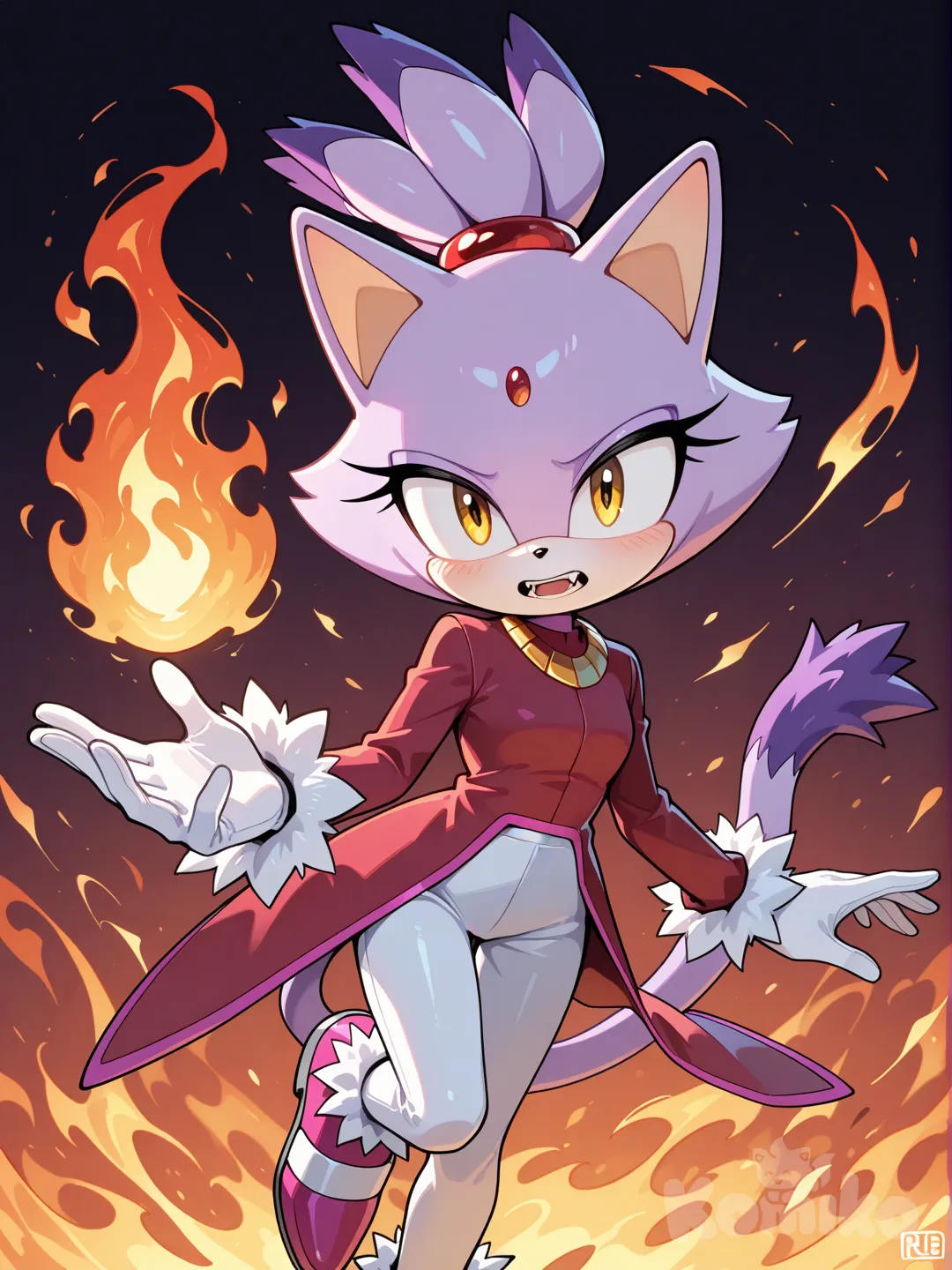 burning blaze, sonic \(series\), 1girl, furry female, cat girl, cat ears, cat tail, fang, yellow eyes, eyelashes, ponytail, white gloves, white pants, red jacket, pink footwear, shoes, long sleeves, gold necklace, forehead jewel, pink fur, animal nose, purple fur