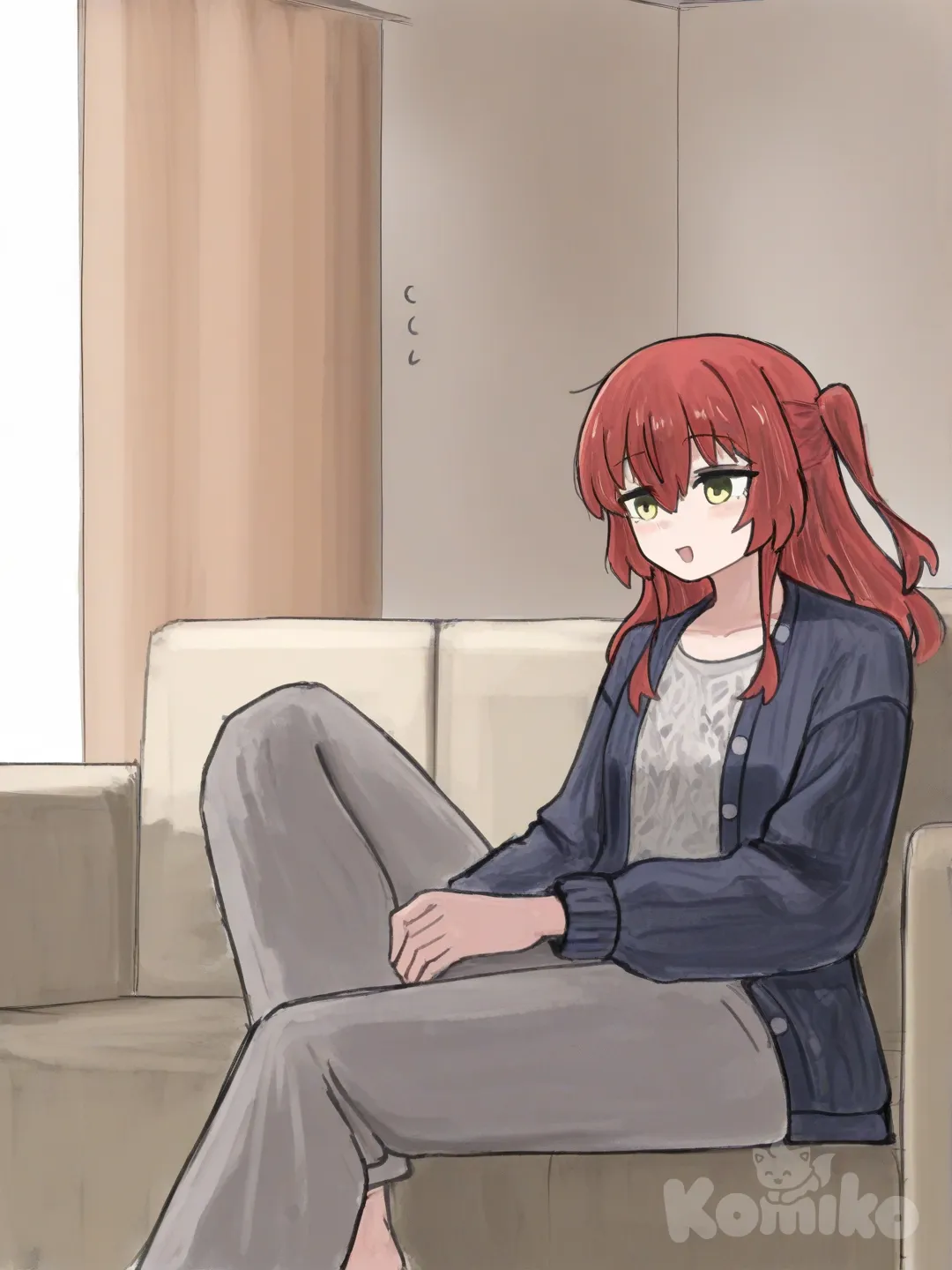 @Kita_Ikuyo , sentada no sofá da sala , [sketchy-painterly-style]