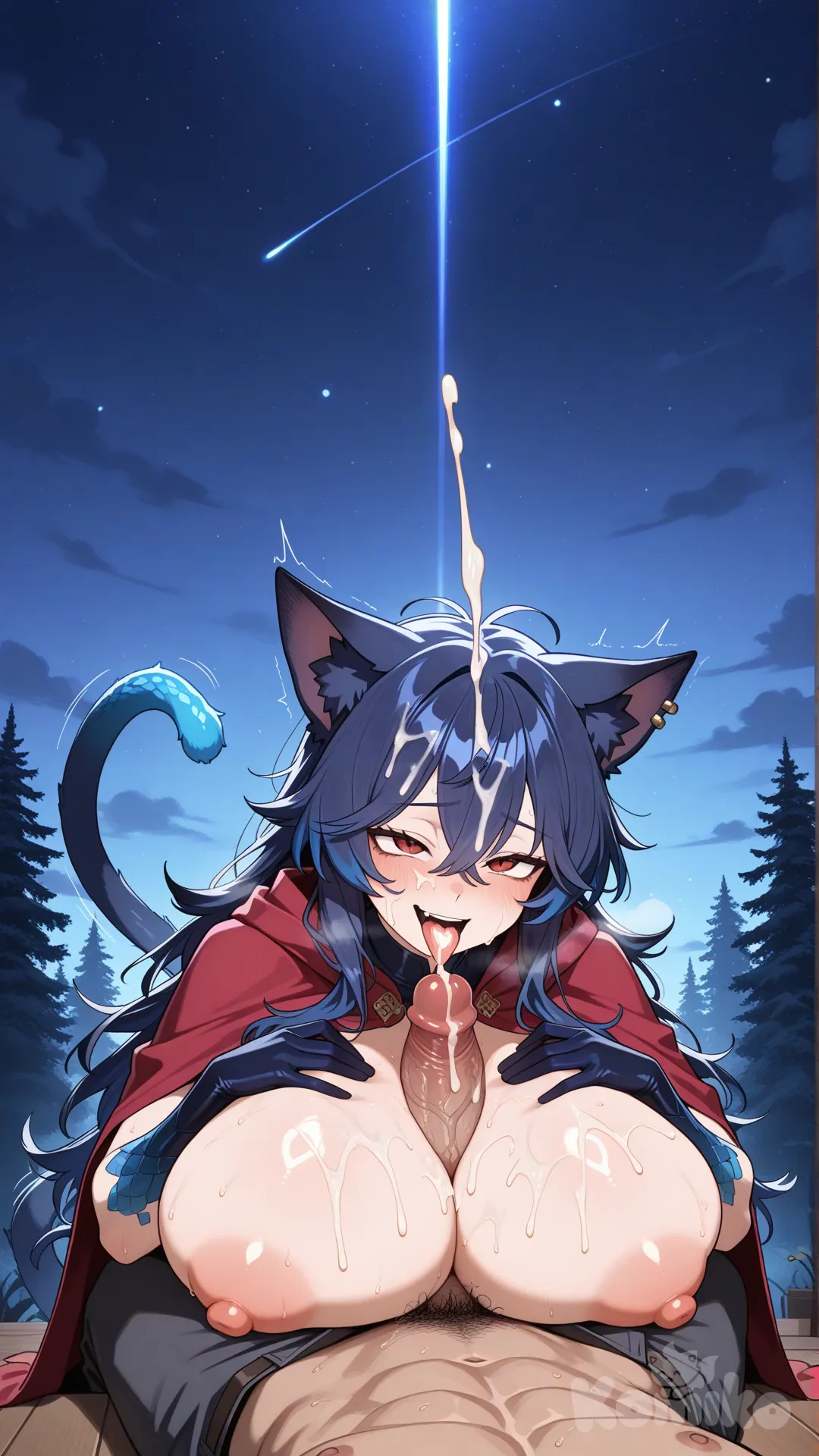 +18, cinematic photorealistic 8k raw, wide shot + close-up insert, moonlit forest clearing in Magnolia, cool blue moonlight with warm firefly glow,
Nash Ryota 23yo dominant male (short messy dark-blue hair with red-brown streaks, piercing red-brown slit-pupil eyes, light stubble, toned muscular hairy body glistening with thick sweat and oil, dark blue cat ears, long blue-violet bushy dragon-cat tail coiled possessively around Noxie’s waist, open red cape flowing, pants completely removed),
monstrous thick veiny 50cm erect scaled metallic-blue dragon cock thrust between Noxie’s colossal 12-meter diameter perfectly round breasts, breasts pressed tightly together by Noxie’s own hands, massive purple-red glistening glans protruding at the top, thick ropes of white cum shooting high in powerful long arcs, cum splattering across Noxie’s face, open mouth, hair, and dripping in rivers down her breasts and body,
Noxie 26yo hyper-voluptuous female form (long flowing sky-blue hair, golden slit-pupil eyes rolled back in ahegao ecstasy, flushed face, tongue out catching cum, sky-blue cat ears twitching, sky-blue dragon-cat tail curled in pleasure, enormous glistening breasts squeezed around Nash’s cock, nipples huge and erect),
Nash gripping Noxie’s sky-blue hair with one hand, other hand on her head, dominant fanged smirk, intense pleasure expression, sweat flying, cum reflecting moonlight,
ultra-realistic skin pores, individual sweat and cum droplets catching light, veins on cock, glowing scales, volumetric god rays through trees, 8k, photoreal, nsfw, explicit, uncensored, maximum intensity
Negative prompt:
cartoon anime deformed bad anatomy extra limbs low quality blurry child underage censored text watermark small penis small breasts