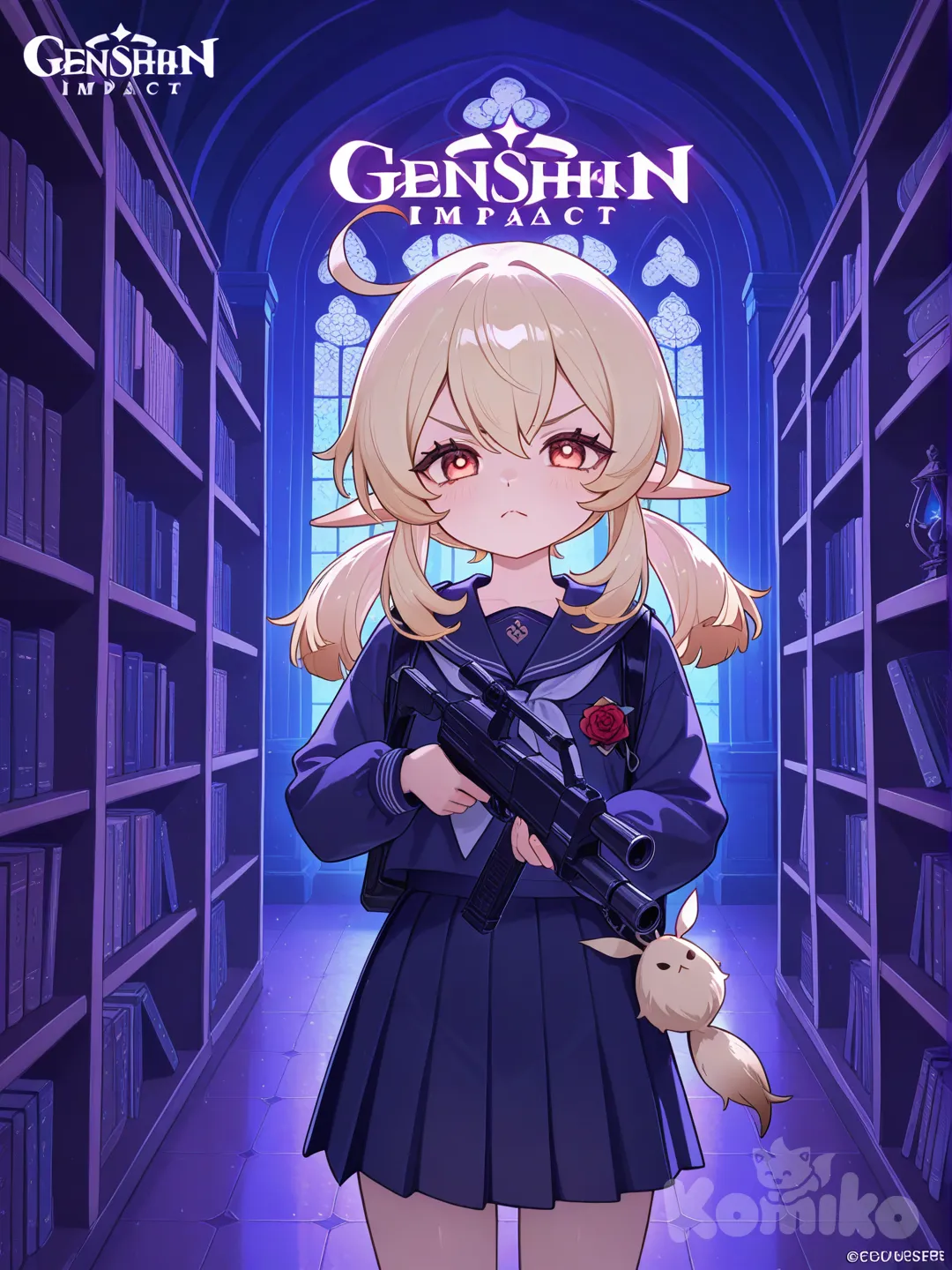 1girl, @Dodoco_(Genshin_Impact), holding gun, angry, school uniform rose, library, neon lights