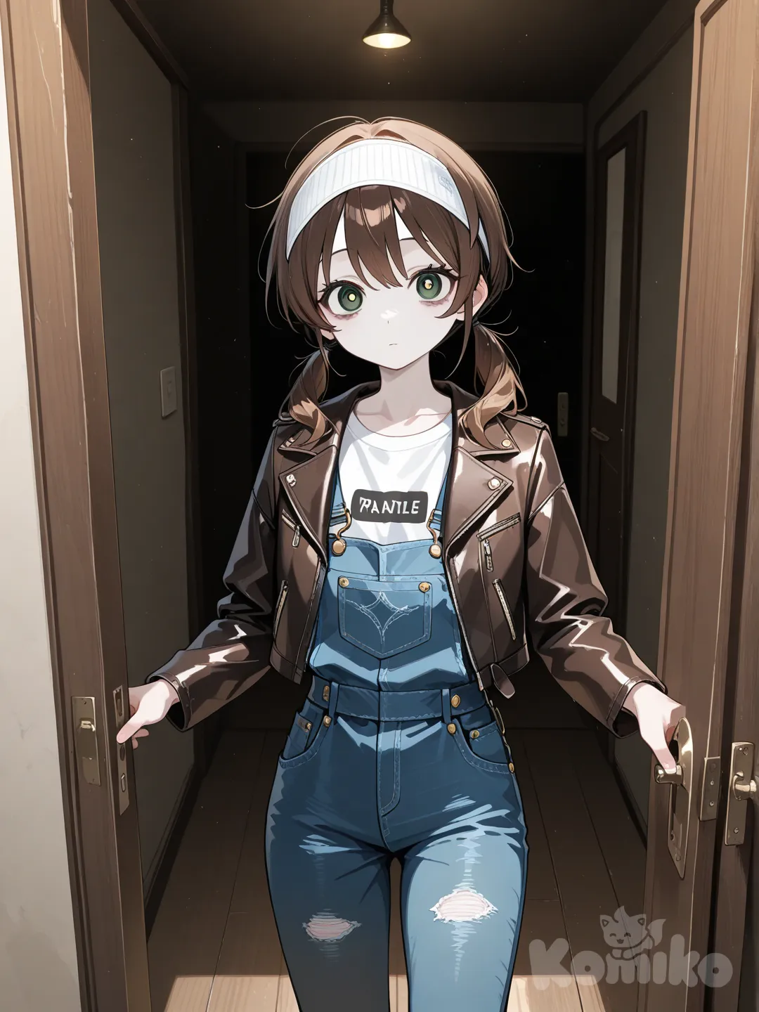 ChatGPT Image 3 janv. 2026, 16_00_03, 1girl, t-shirt, leather jacket, overalls, headband, twin tails, brown hair, green eyes, Quand la porte s’ouvrit, Angélique était là… plus pâle, plus fragile que je ne l’avais jamais vue.