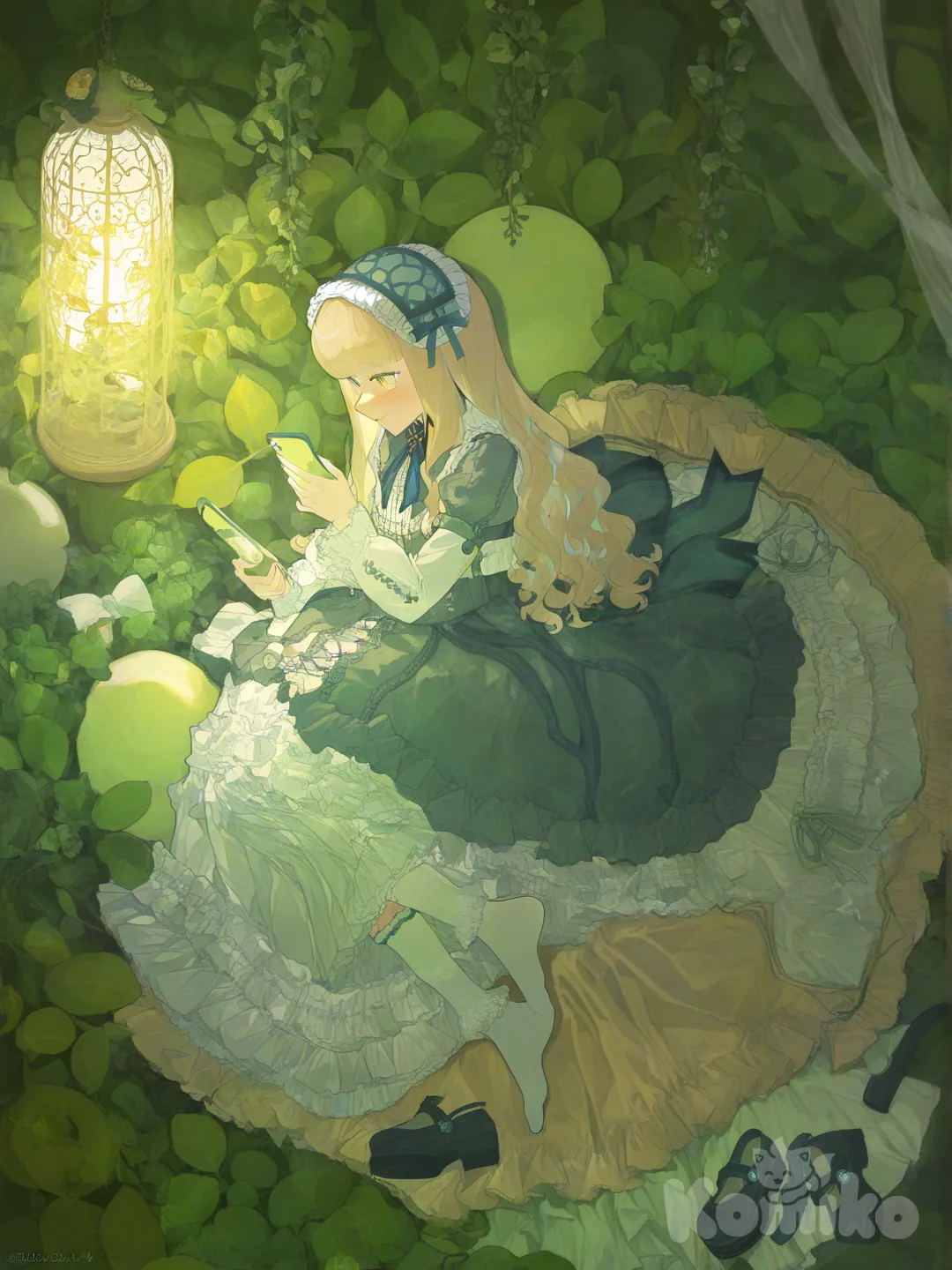 1girl, [watercolor-illustration-style], looking at phone, lie on stomache, smile,绿色系洛丽塔长裙，裙子古早风，, lace, headband, bow, knee-high socks, blonde hair，八字刘海, olive green，薄荷绿，不穿鞋子, panoramic lens, ambient light, day，在一个很有安全感的绿色系房间，房间可爱风